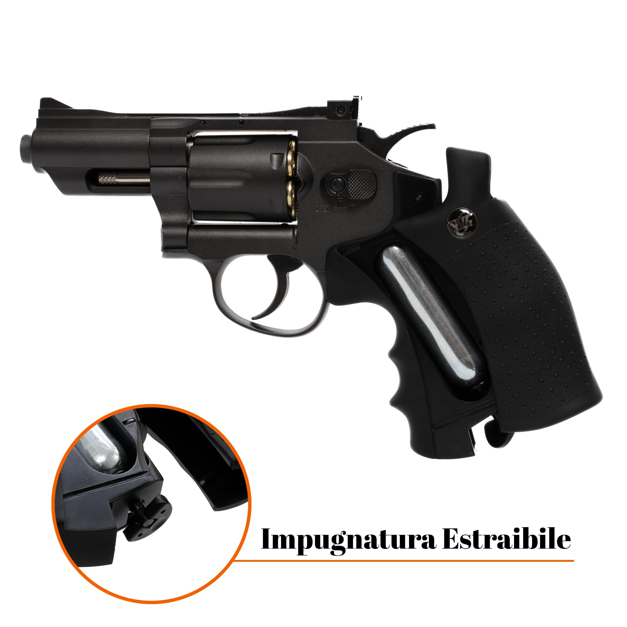 Pistola Softair Revolver, Pistola a Pallini, 5 bombolette Co2, 1000 Pallini 6mm, caricatore, 6 bossoli, Airsoft, Pistole Softair, potenza 0,9 joule, dimensioni cm 34x12,5