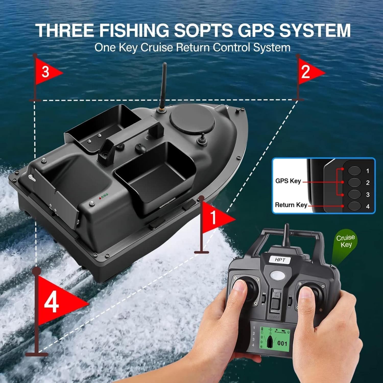 500m GPS Pesca Esca Barca con 3 Catapulta Tipo Bait Hoppers Carp Fishing Bait Boat Carp Hook Post Boat, Fish Finder con Sensore Sonar, Black Boat
