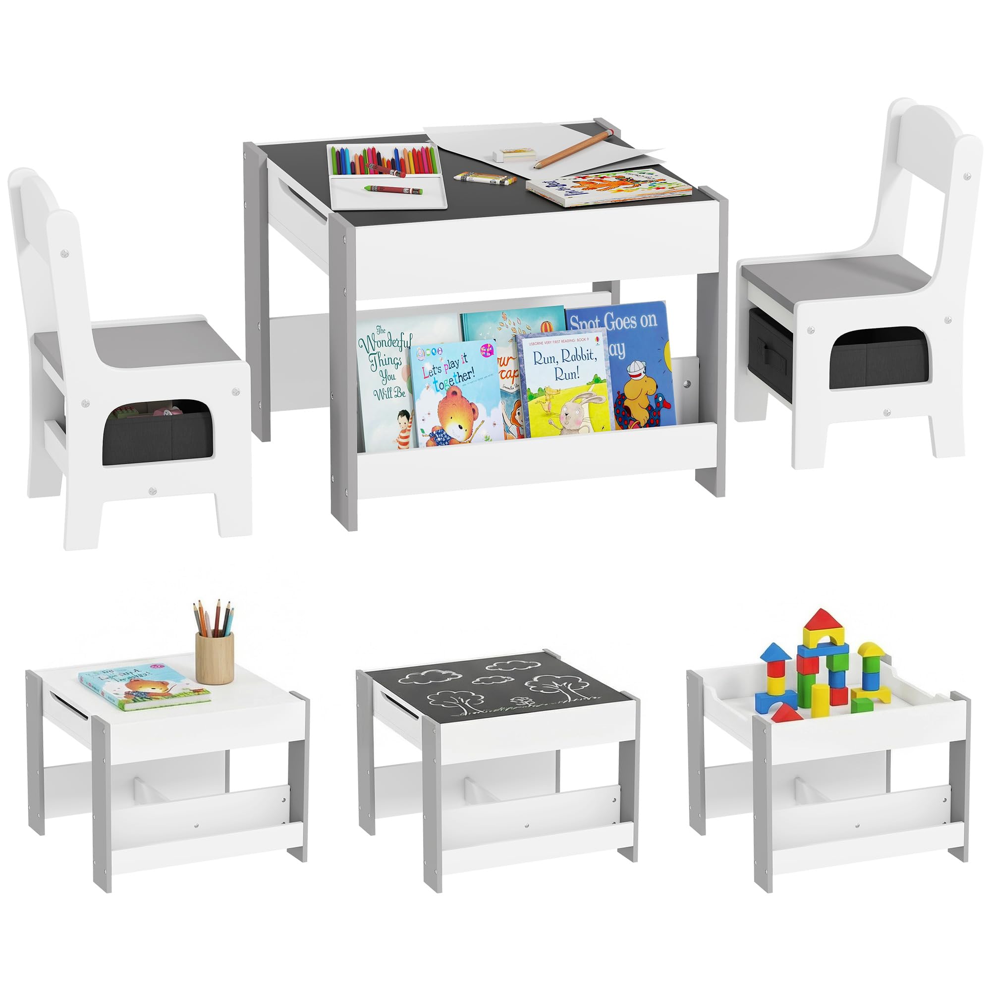 HOMCOM Ensemble 3 pièces Table et 2 chaises pour Enfant avec Plateau Table réversible Tableau Noir, Panier de Rangement, étagères Gris