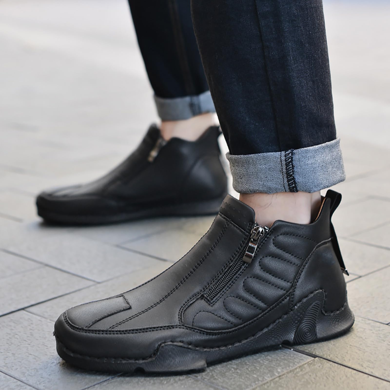 Generisch Lederschuhe Herren Halbhoch Walking Schuhe Herren Breit Outdoorschuhe Ruschfest Fitnessschuhe Flache Sohle Schlupfschuhe Einfarbig Trekkingschuhe Bequem Komfortschuhe Einfarbig Stiefeletten