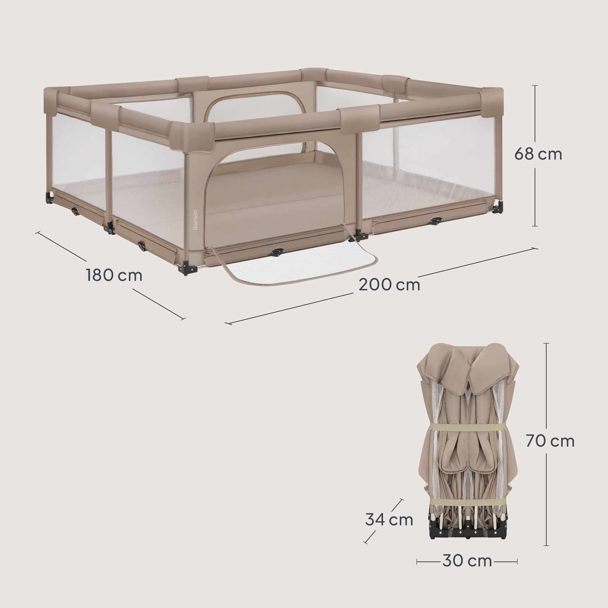 Lionelo Florence XL Easy Fold Laufstall Baby 180 x 200 cm, Faltbares Laufgitter Baby, Ohne Montage Nutzbar, 2 Seiteneingänge mit Reißverschluss, Atmungsaktives Netz, Weiche Kanten, Transporttasche