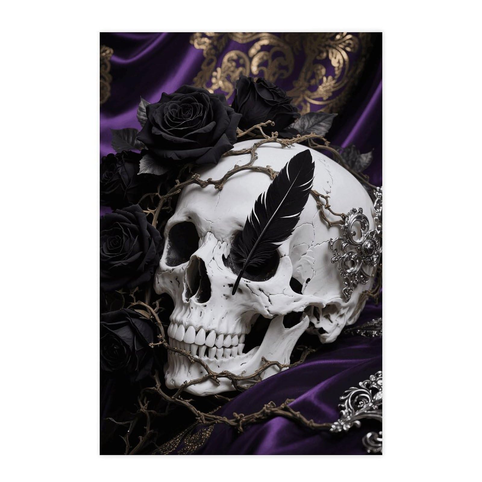 Poster autocollant noir floral tête de mort papier mural amovible