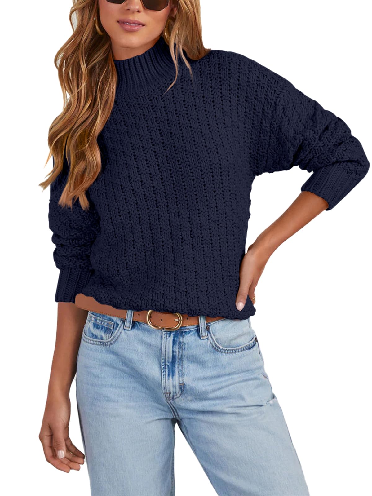 Womens Textured Mock Neck Knit Sweater Long Sleeve Turtleneck Sweater 2024 Fall Winter Chunky Knitted Pullover Jumper Tops