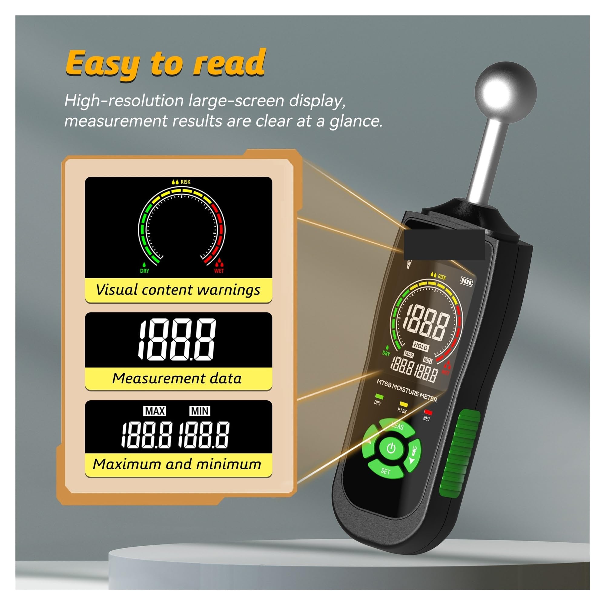 Misuratore di umidità del Legno Digitale MT68 Rilevatore Senza Contatto Schermo LCD Igrometro Allarme Tester Sfere Piccolo Errore