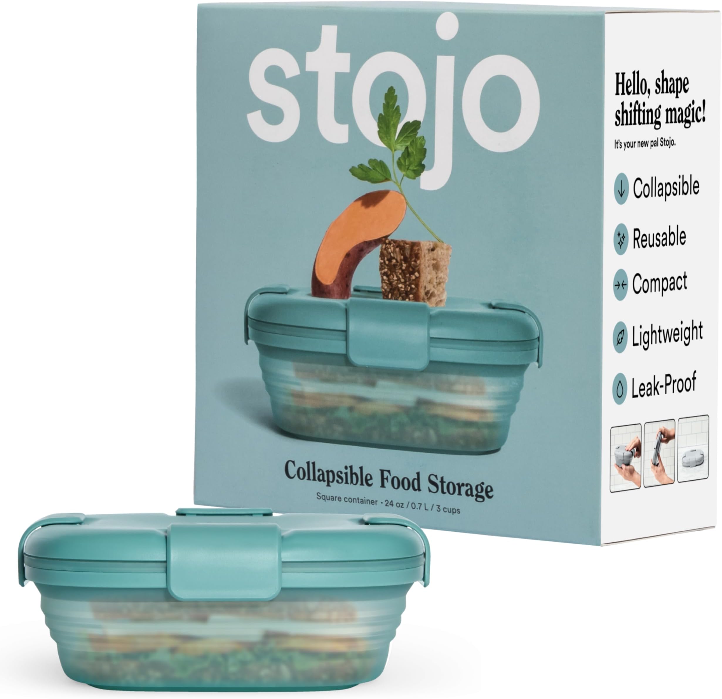 STOJO Collapsible Sandwich Box – 24oz, Reusable Food Storage Container, Silicone Bowl for Hot/Cold Food – Meal Prep, Lunch, Camping, Hiking – Dishwasher Safe (Eucalyptus Green, Set of 1)