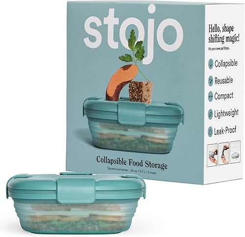 Miniatura 10 de STOJO Caja de sándwiches plegable – 24 onzas, recipiente reutilizable de almacenamiento de alimentos, cuenco de silicona para alimentos Aguamarina