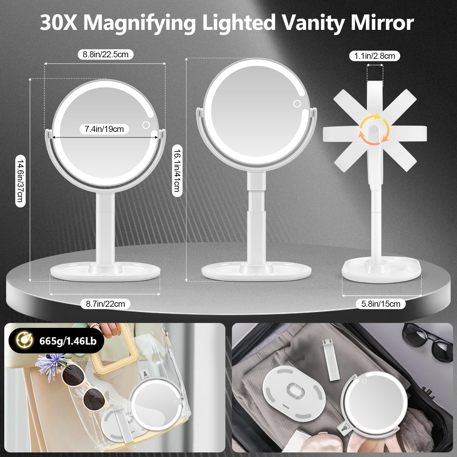 MIYADIVA Makeup Mirror with Lights, 30X Magnifying Mirror with Light and Touch Switch, Vanity Mirror with 3 Color Light and 80 LEDs, Height Adjustable Desk Mirror with Lights, White - Image 7