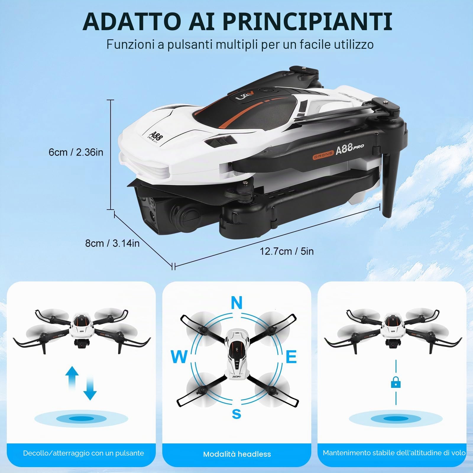 A88 Mini Drone per Bambini con Telecamera 1080P HD FPV con Mantenimento Dell'altitudine, Droni Quadricottero RC con Luci LED e 2 Batterie, Giocattolo Regalo per Ragazzi e Ragazze (Weiß)