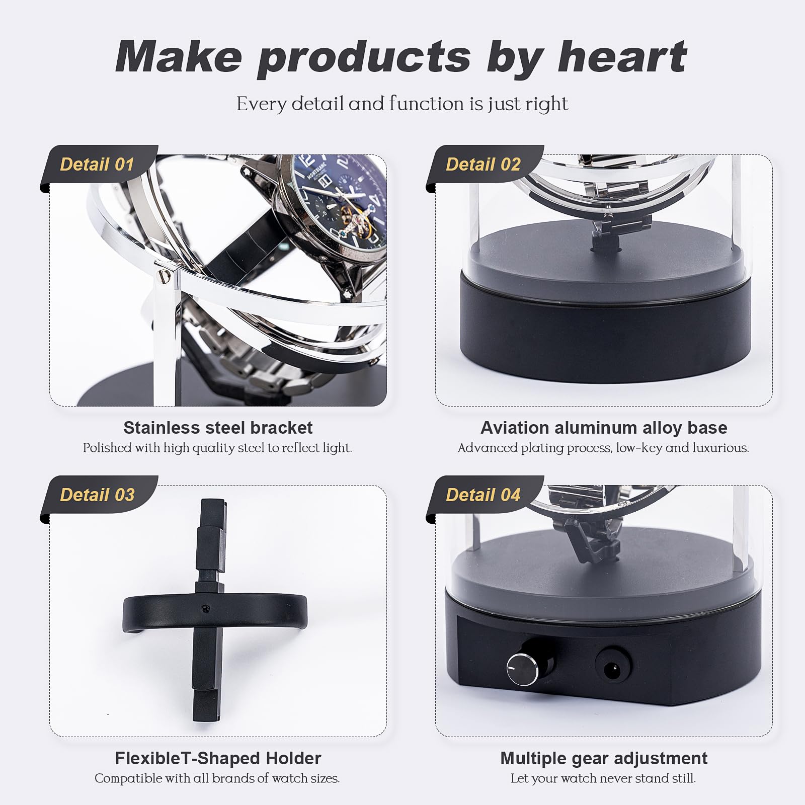 Ultra Leise Uhrenbeweger für Automatikuhren, <15dB Silent Rotation, 4 Modi & 6 Richtungen, für Automatikuhren Rolex/Omega, Anti-Magnetischer Motor mit Glasvitrine (Silber)