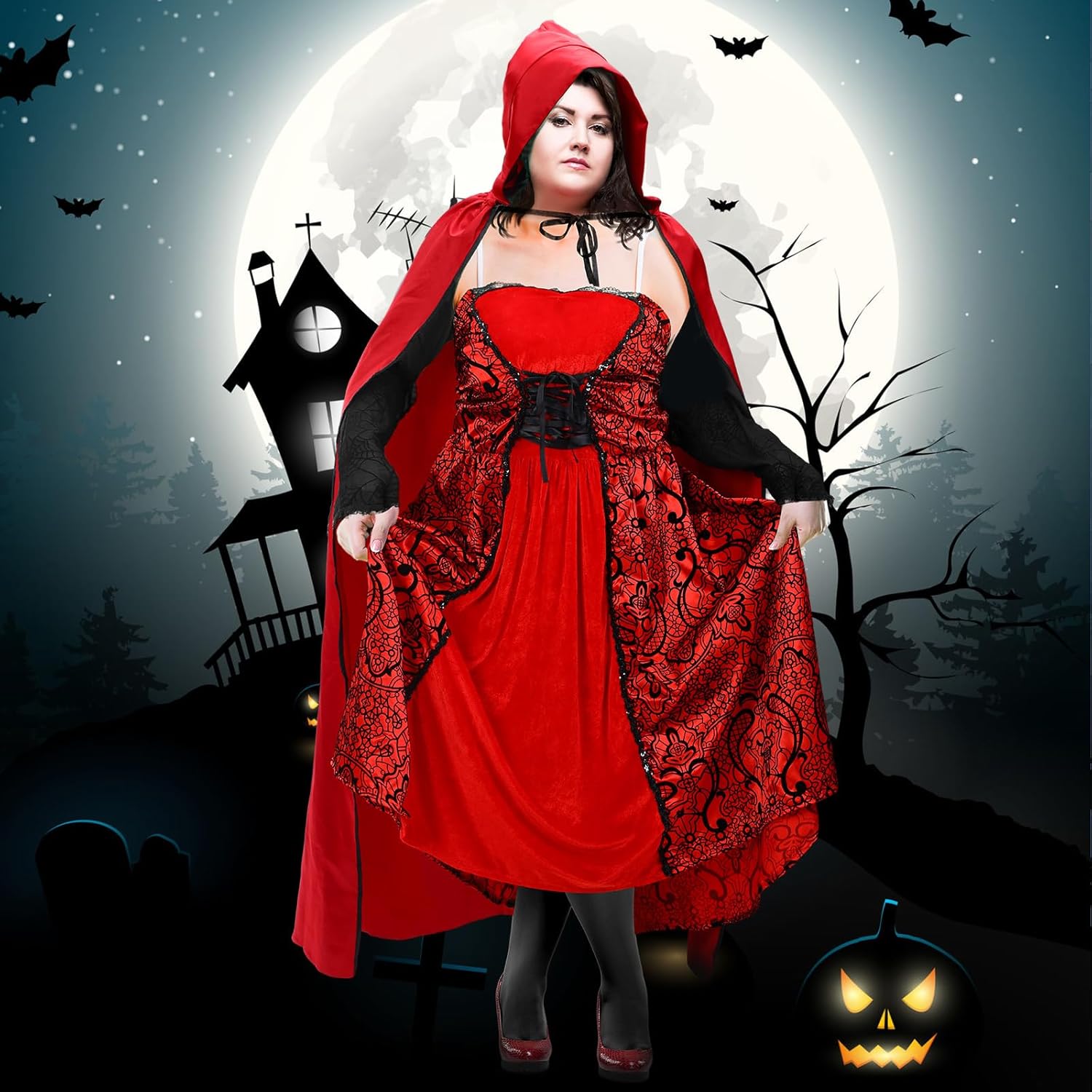 Mepase Plus Size Little Red Riding Hood Costume for Women Adult Halloween Hood Cloak Cape Red Dress Basket Tights Gloves for Cosplay Party Accessories - Image 6
