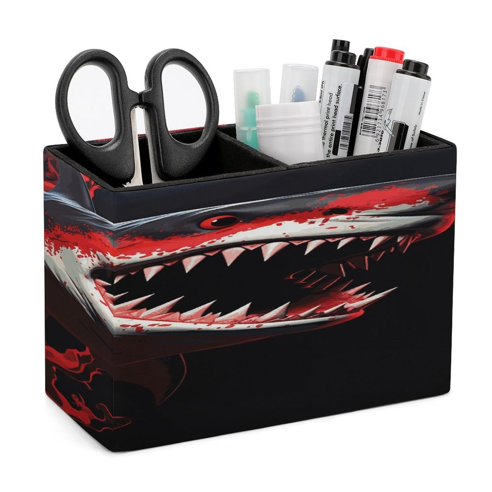 LDGSUPH Red-black Shark Leather Pen Holder for Desk Organizer Caddy Large Pencil Cup Multi-function Pencil Holder Makeup Brush Holders Pen Organizer for Home Office Storage Box