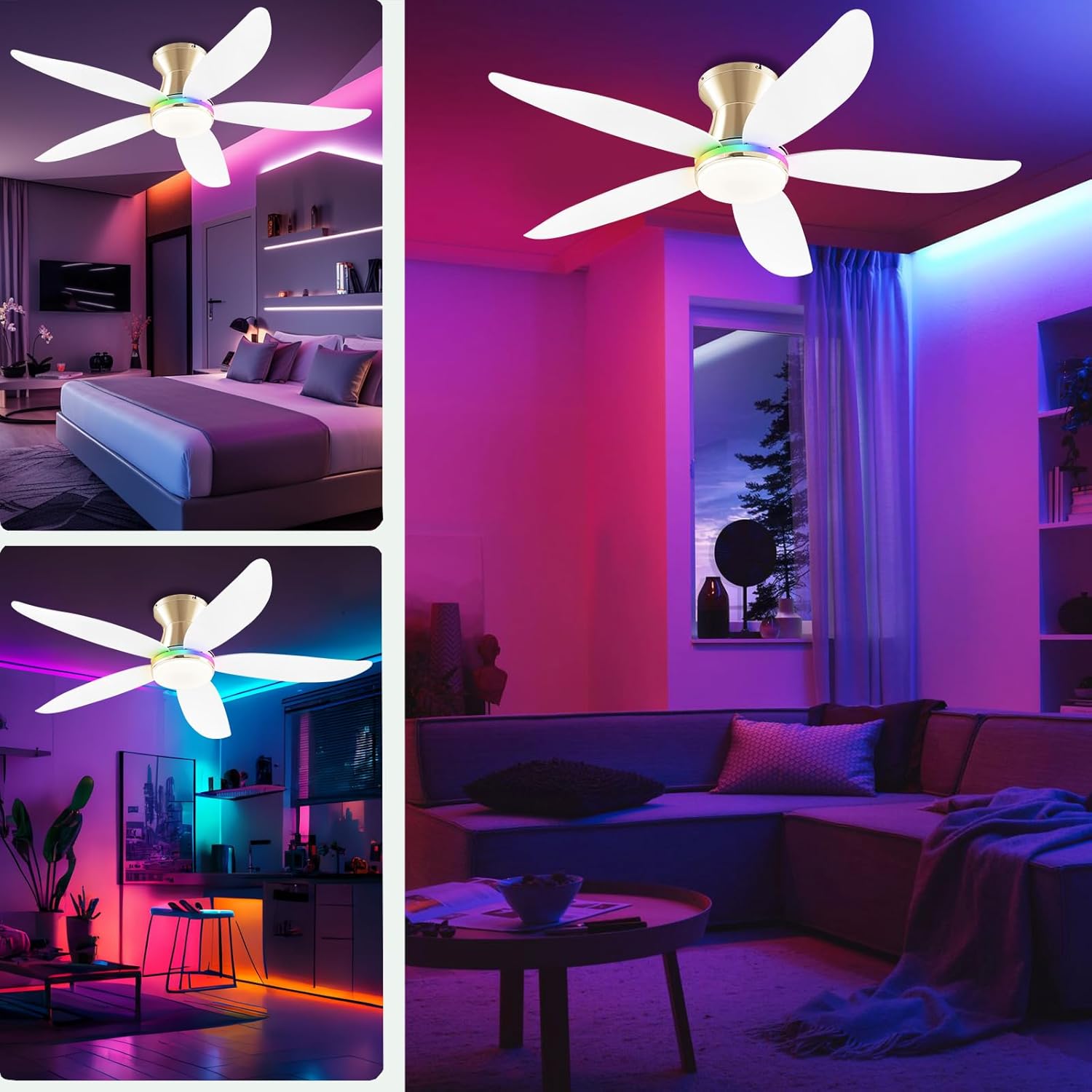 Ceiling fan with light, 48" RGB Low Profile Ceiling fans with Lights and Remote Control, Dimmable, DC Reversible Motor, Noiseless, 6 Speeds Flush Mount White Ceiling Fan for Bedroom