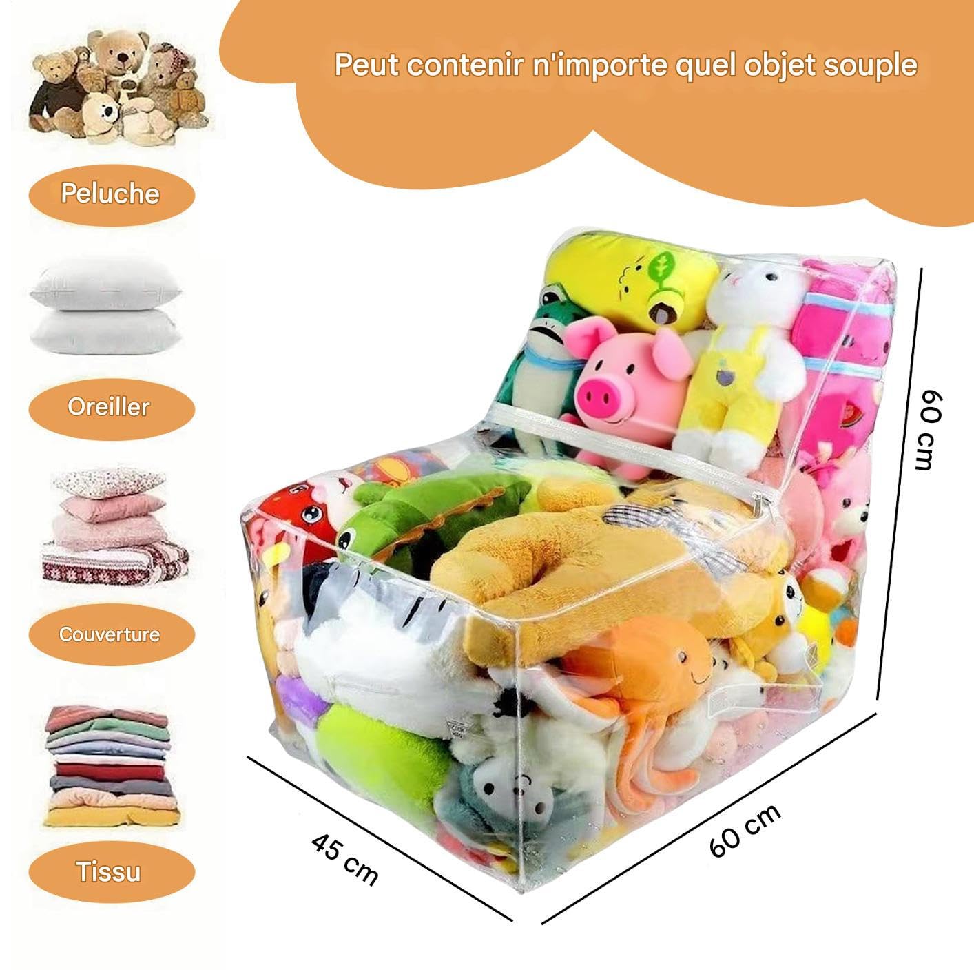 Housse De Rangement Pour Peluches En Sac De Billes,Pochette Transparente Remplissage Billes Polystyrène pour Adulte | Housse Imperméable en Doudou Confortable pour Canapé Lit Chambre Salle de Jeux Dét