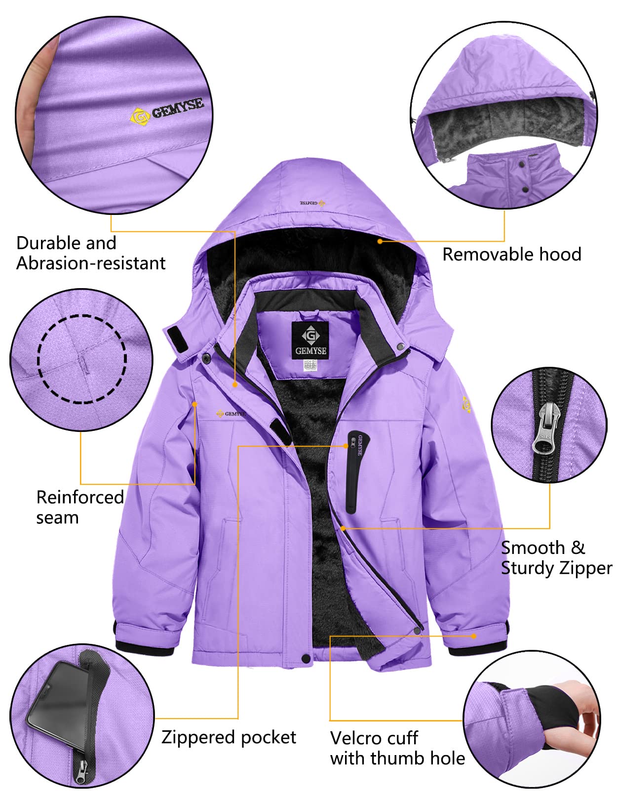 GEMYSE Mädchen Wasserdichte Skijacke Winddichte Fleece Outdoor Winterjacke Regenjacke mit Kapuze