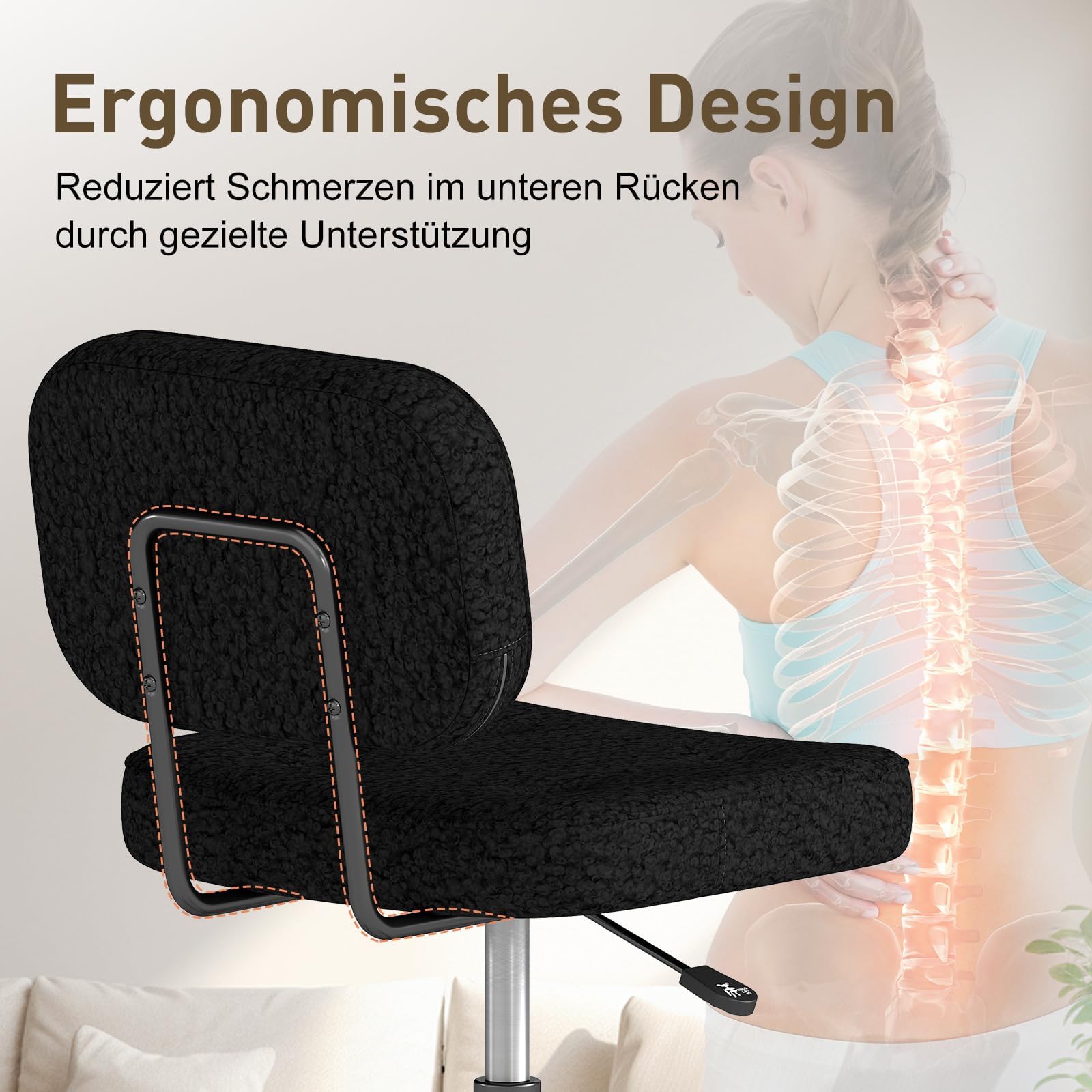 AnyGod Schreibtischstuhl ohne Armlehne, Kompakter Drehstuhl mit Rollen & Höhenverstellbar, Ergonomischer Computerstuhl für kleine Räume & Schminktisch, Teddy-Stoff Schwarz