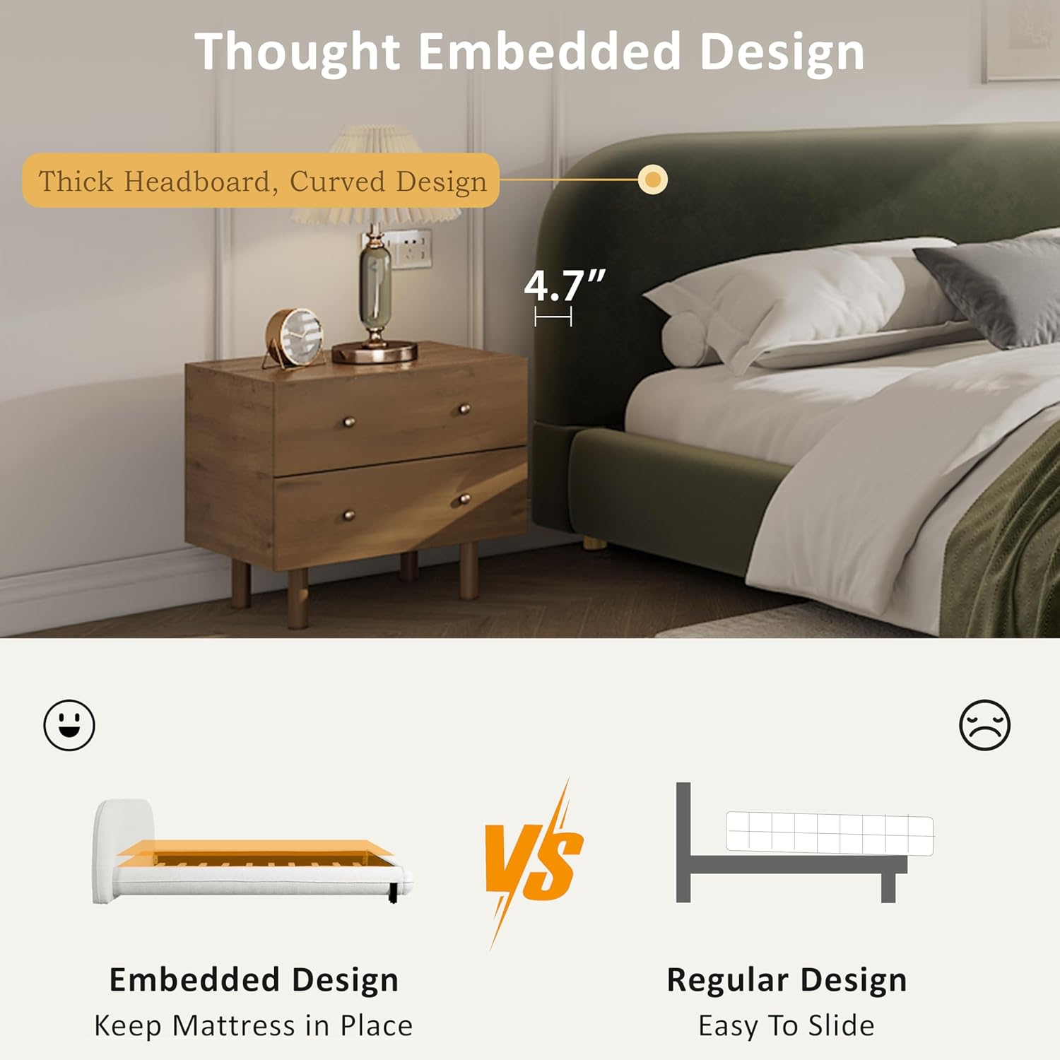 Merax King Size Teddy Fleece Thick Fabric Upholstered Platform Bed with Curved Shaped Headboard, Wood Bed Frame with Solid Round Legs for Kids Teens Adults, Olive Green