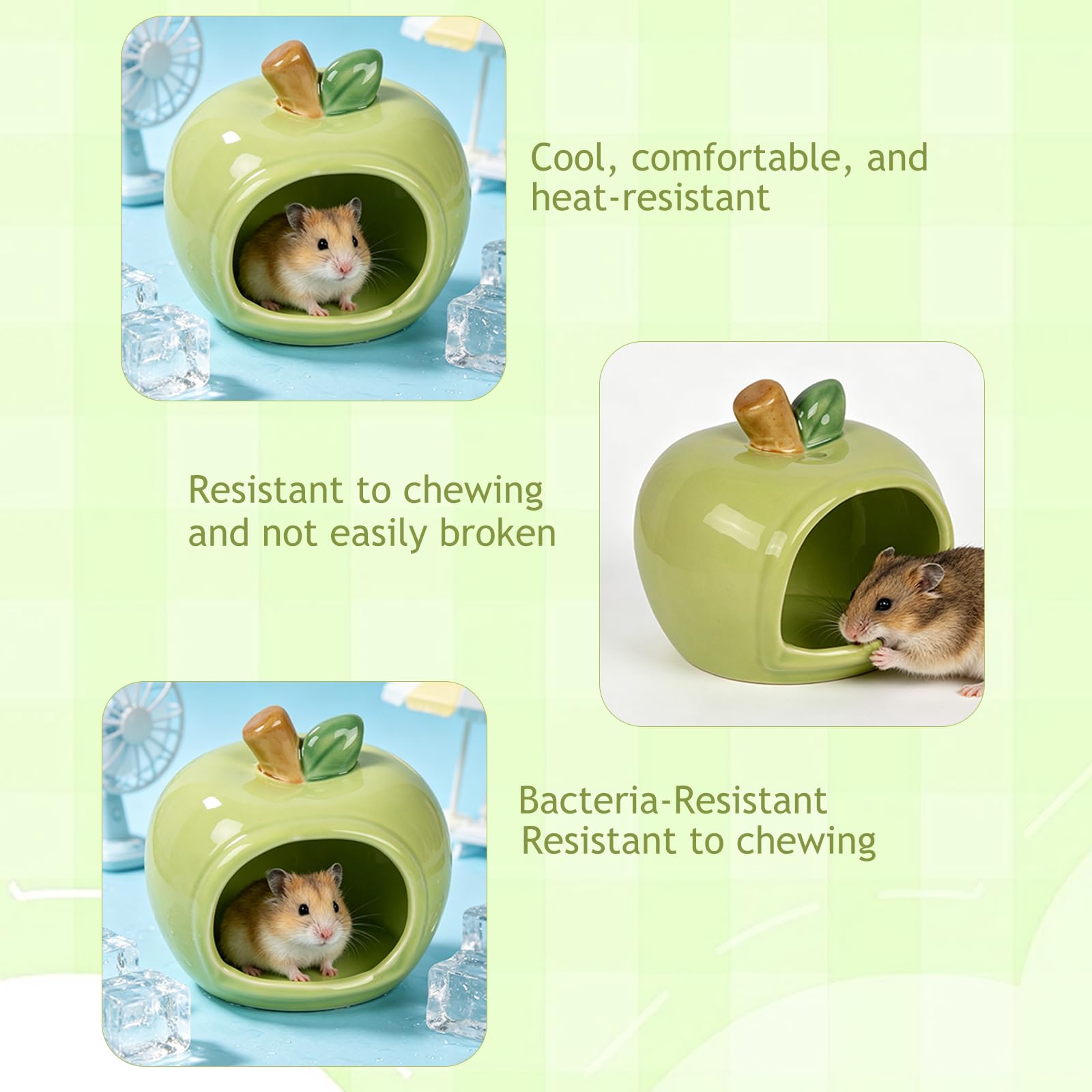 Nascondiglio in ceramica per criceti, non tossico, piccolo habitat a forma di mela, resistente alla masticazione, rifugio smaltato per criceti nani, gerbilli, orsi d'oro (verde)