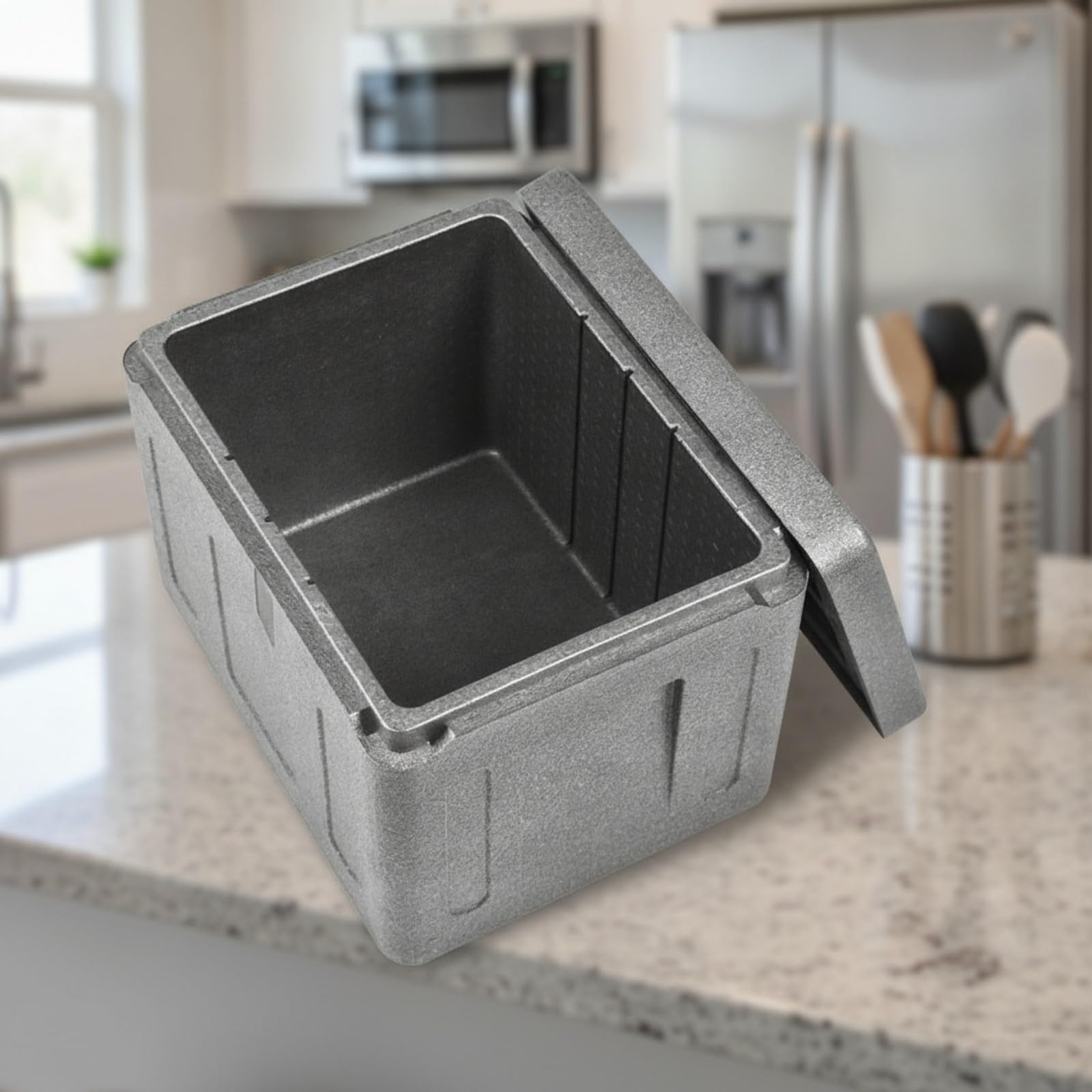 predolo Kälteisolierend Transportbox mit Deckel | Hohe Temperaturerhaltung, Polypropylenschaum-Temperaturbox, Stapelbar, Isolierbox mit Deckel, für Essenstransport, Grau, Klappdeckel