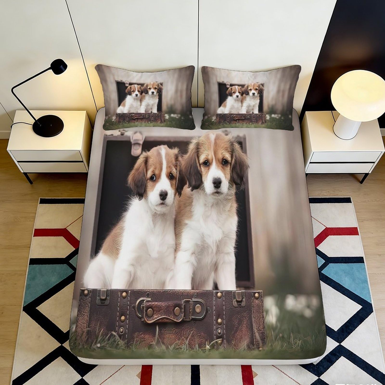 3D Printed Puppy Suitcase Fitted Sheet Microfiber Soft Mattress Cover for Bedroom Decor Dorm Easy Care 180x200x25cm