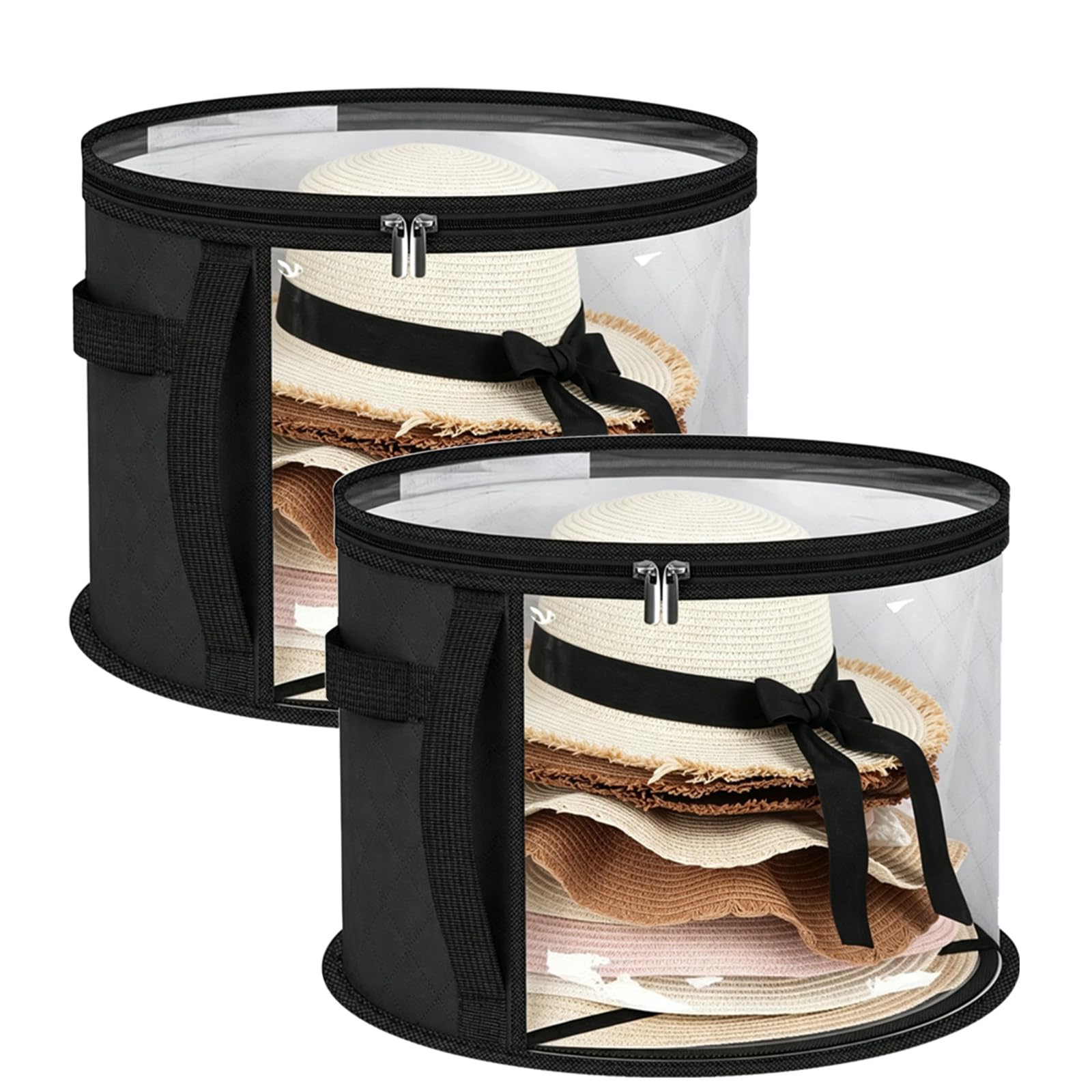 Pxvelcn 2PCS Foldable Travel Hats Boxes Storage, Round Hat Box with Transparent Window, Hat Box for Travel, for Women and Men (2PC Black, 16.5 * 10.9inch)