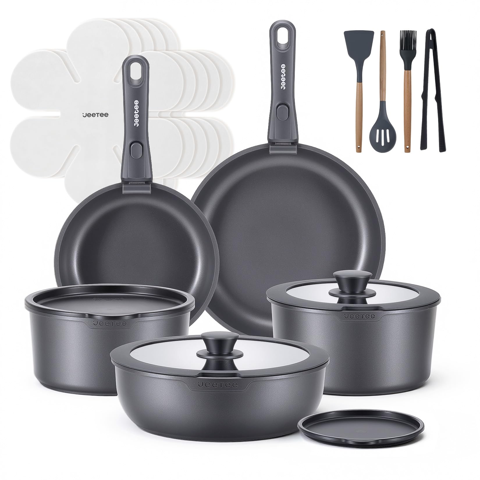 JEETEE Topf und Pfannensets mit abnehmbarem Griff 20-Teilig, Titan-Antihaft Pfanneset, Topfset Induktion, Kochtopf Set mit Deckel, Für alle Herde geeignet, Wohnmobil, Ofen und Geschirrspüler