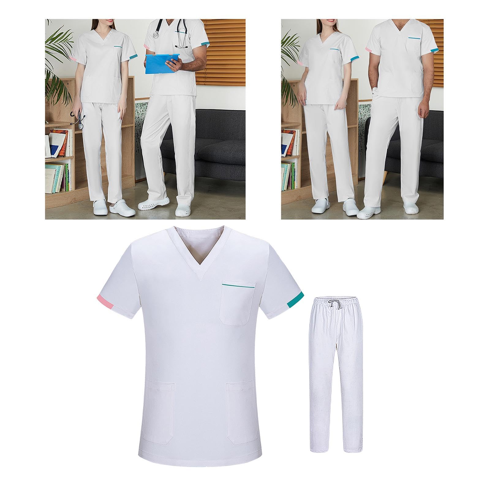 Scrubs set Unisex Oberteil Und Hose Pflegebekleidung V-ausschnitt Kurzarm Dehnbar Bequem mit Seitentaschen aus Atmungsaktivem Baumwollmischgewebe für