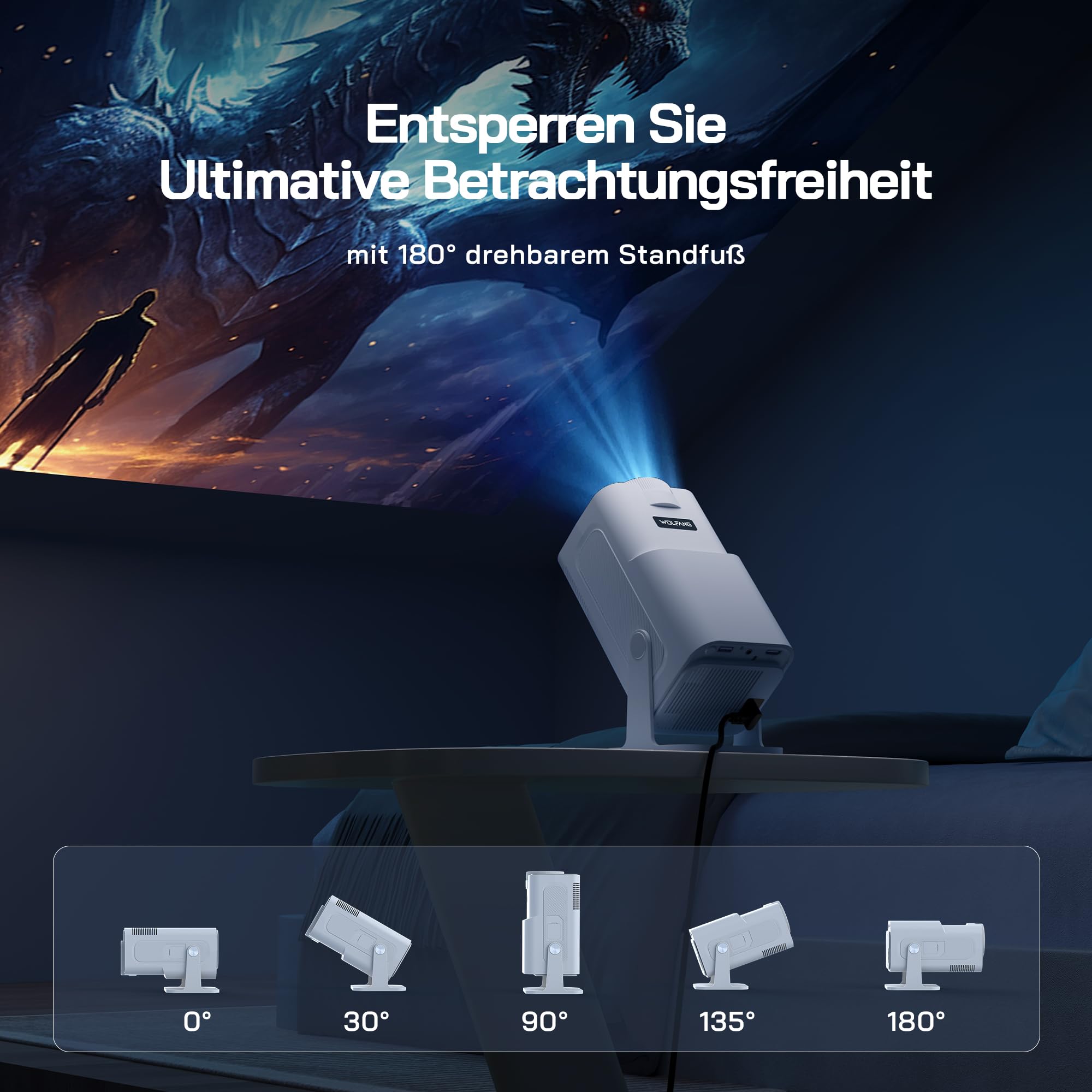 WOLFANG 4K Mini Beamer mit Offiziellem Netflix, 26000 Lumen WiFi 6 Smart Projektor mit 50% Zoom & Trapezkorrektur, 180° Drehbarer Heimkino Beamer Kompatibel mit TV Stick/iOS/Android/PC/PS5/HDMI/AV
