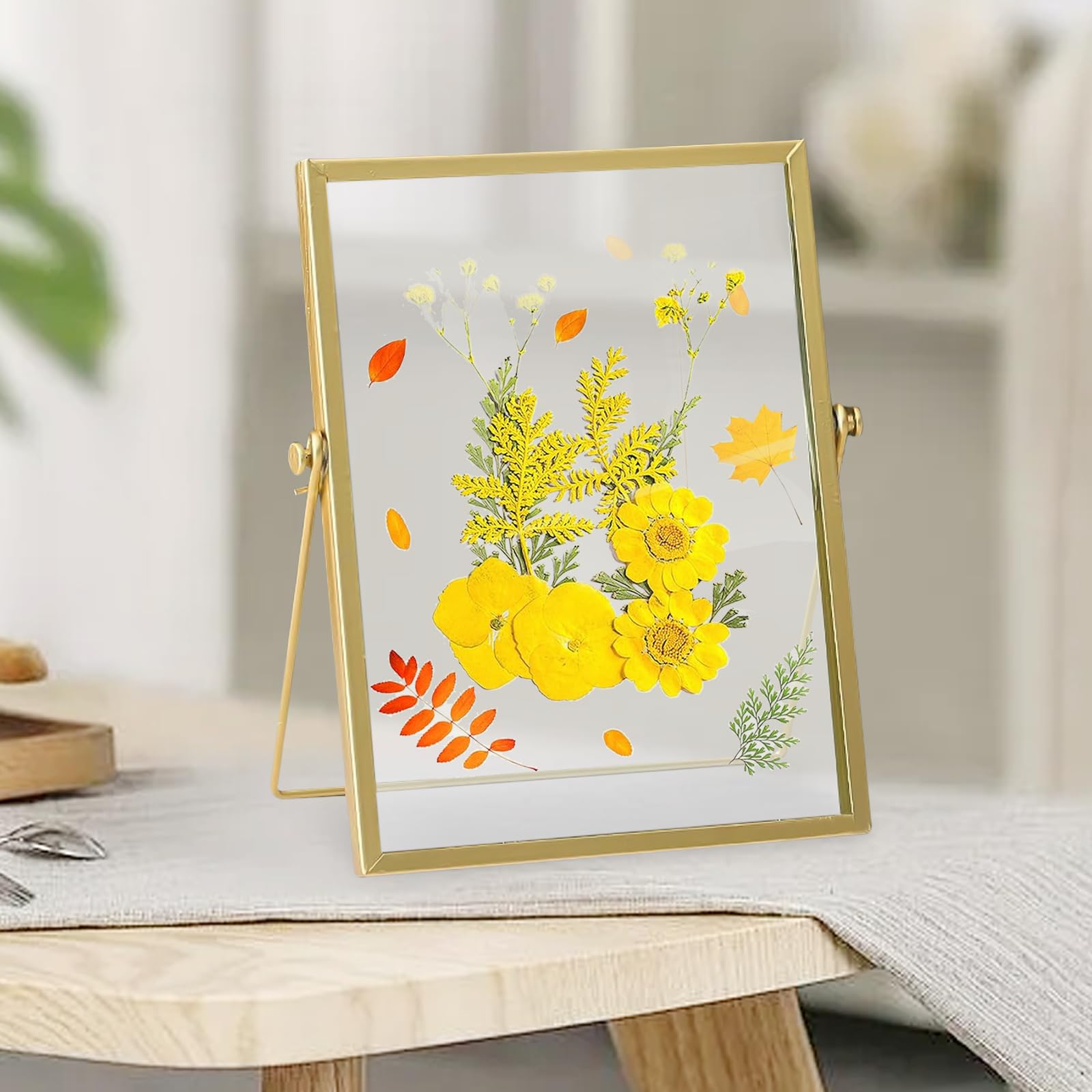 Goldener Doppelseitiger Bilderrahmen Aus Glas – Für Gepresste Blumen, Fotos & Kunst, 14 X 16 X 4,8 Cm (5,5 X 6,3 X 1,9 Zoll)