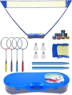 Peak Fits Portable Badminton Net Set with Storage Base, Badminton Set with 10x5 ft Net,4 Badminton Rackets,4 Shuttlecocks and 8 Grip Tape,Family Game,Kids, Beach Backyard Combo Set