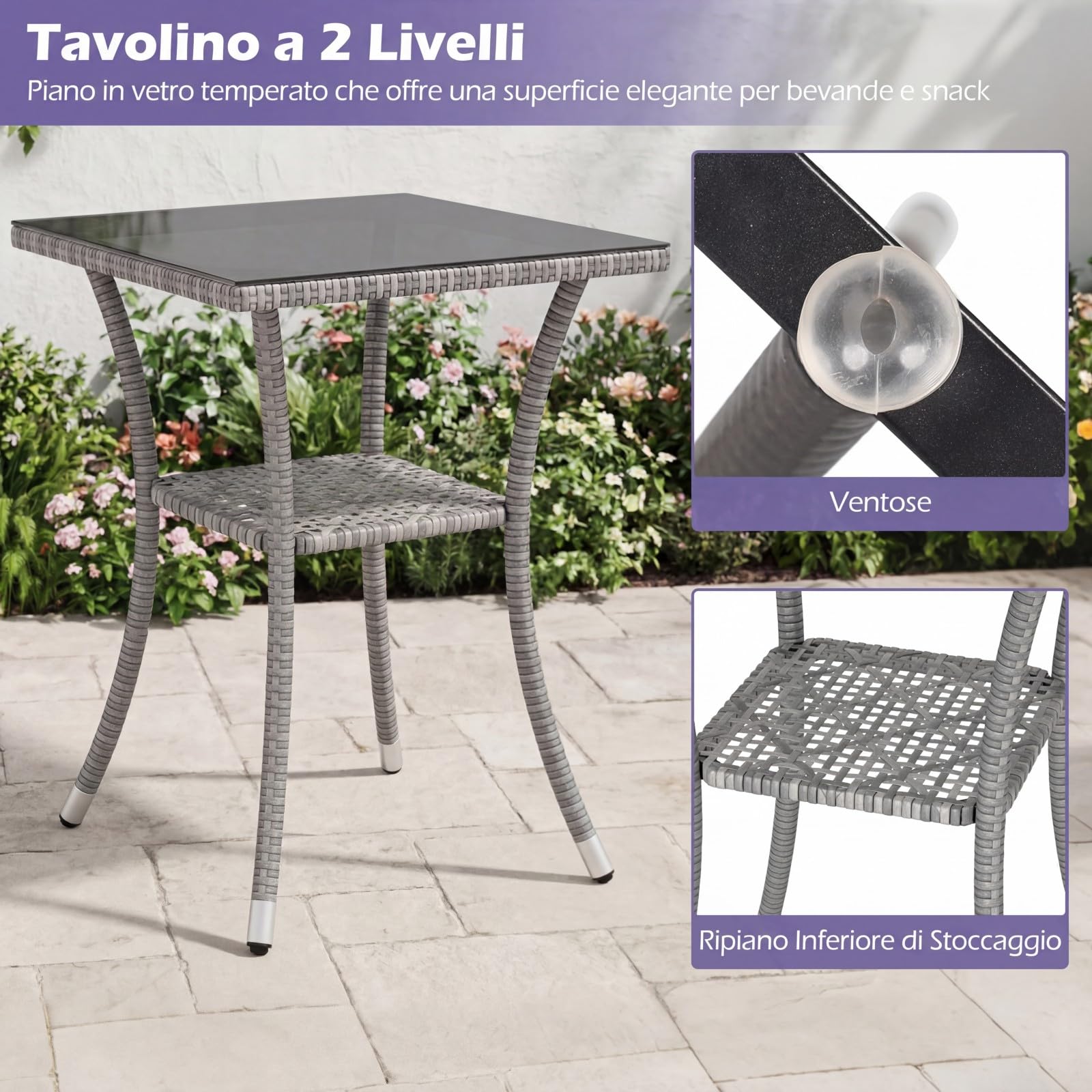 LIFEZEAL Salotto da Giardino in Rattan PE, Set 2 Divanetti con Cuscini Rimovibili e Tavolino in Vetro Temprato