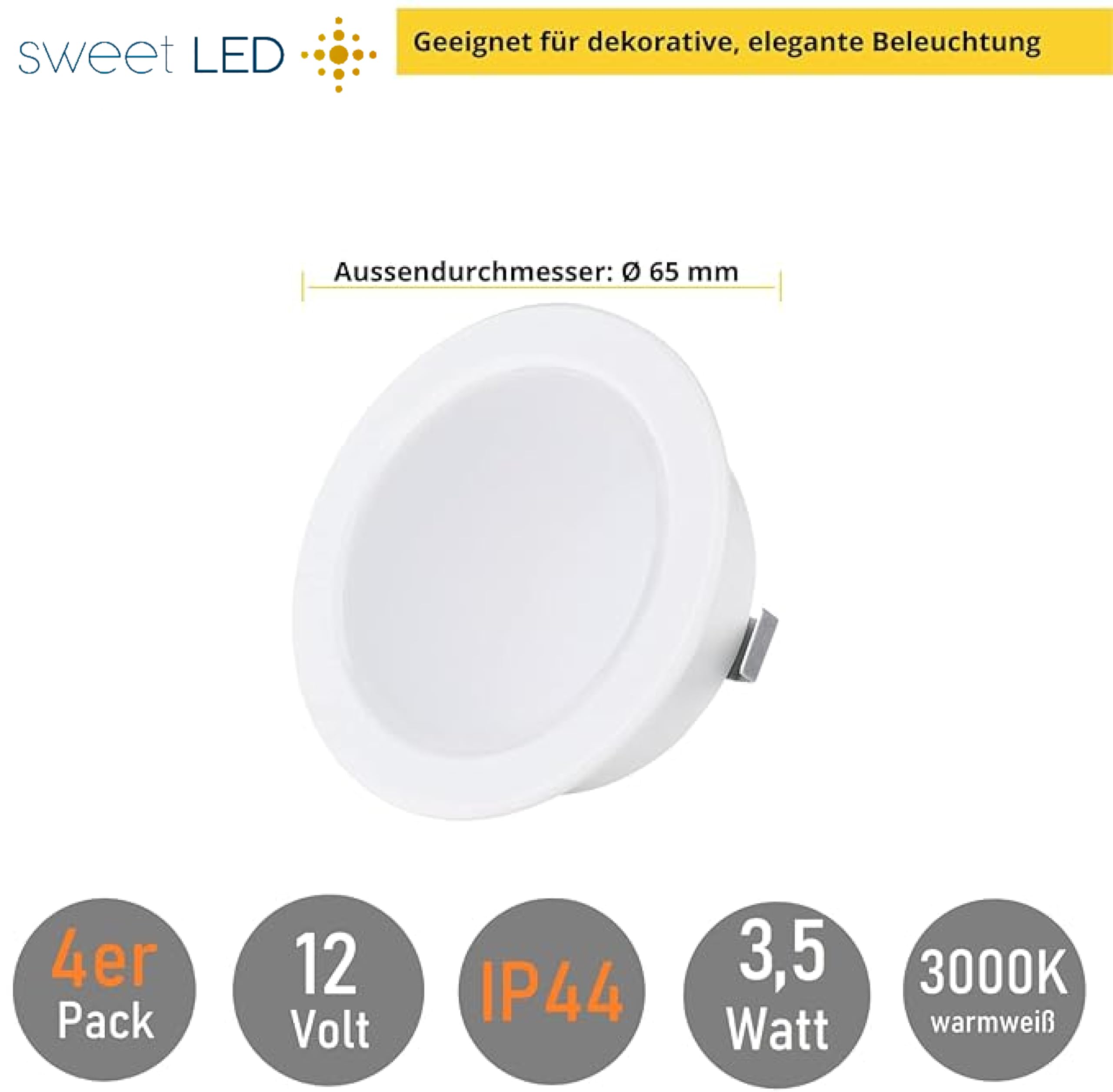 Sweet Led 4 faretti da incasso piatti, 12 V, IP44, 3,5 W, LED 3000 K, da incasso, rotondi, ultra piatti, per ambienti umidi, mobili, da incasso, per bagno, temperatura colore bianco caldo, bianco