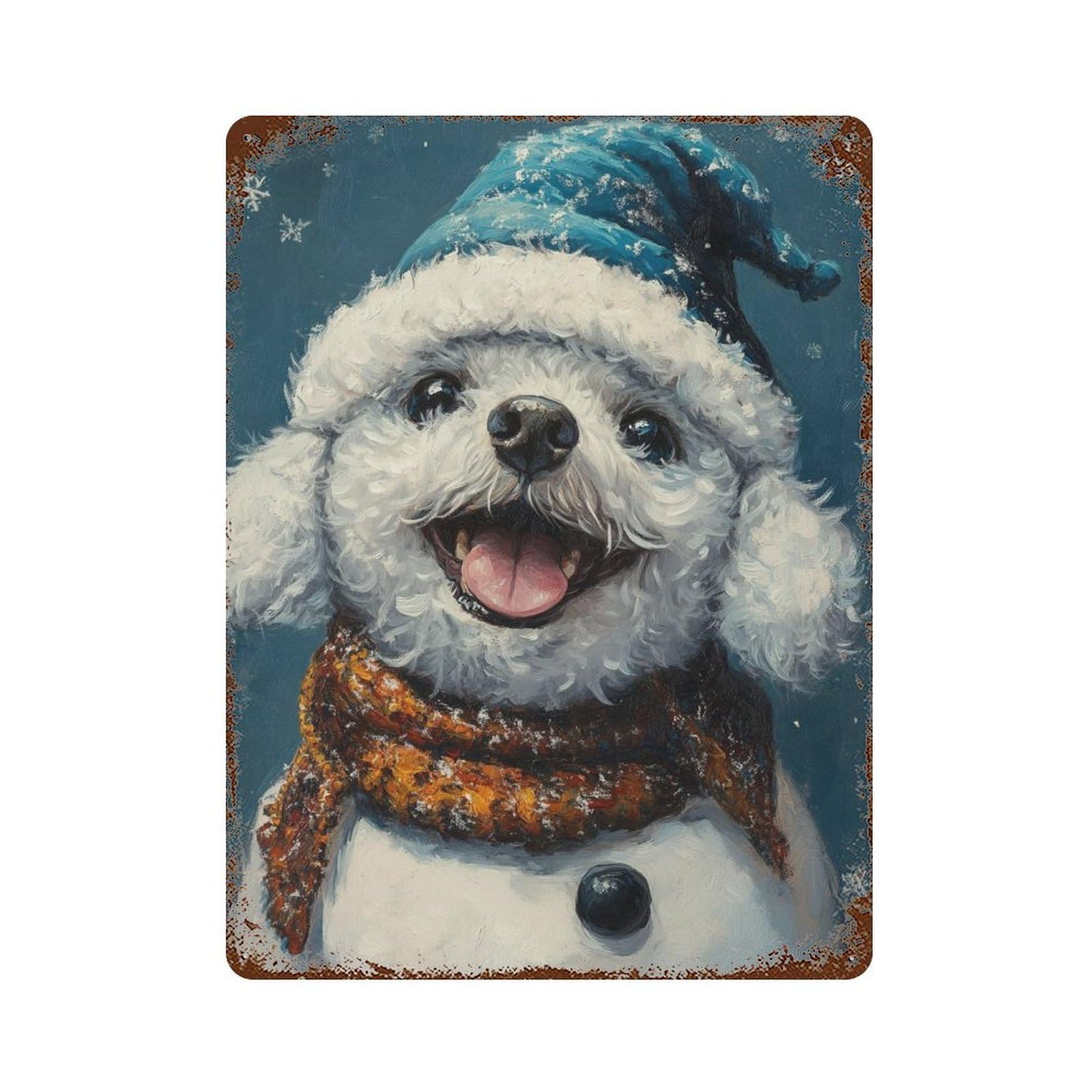 Christmas Snowman Dog Art Print Distressed Metal Wall Sign 15.7"x11.8", for Garage, Bar And Workshop Decor, Decorative Metal Wall Art