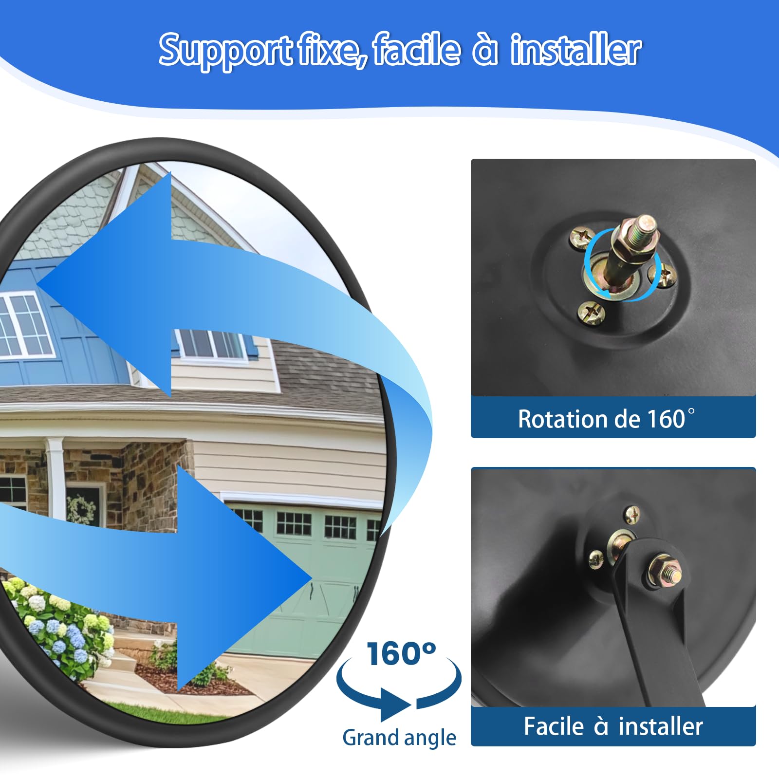Miroir convexe de sécurité miroir de circulation vue grand angle réglable à l'intérieur et à l'extérieur avec support de fixation parfait pour la salle de classe de l'école (25.3cm)