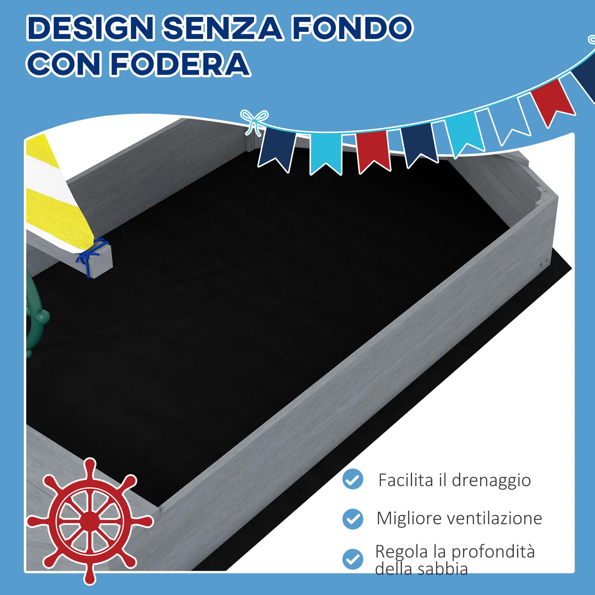 Outsunny Sabbiera per Bambini 3-8 Anni a forma di Barca senza Fondo, Sabbionaia in Legno di Abete e Poliestere, 190x90x138 cm, Multicolore