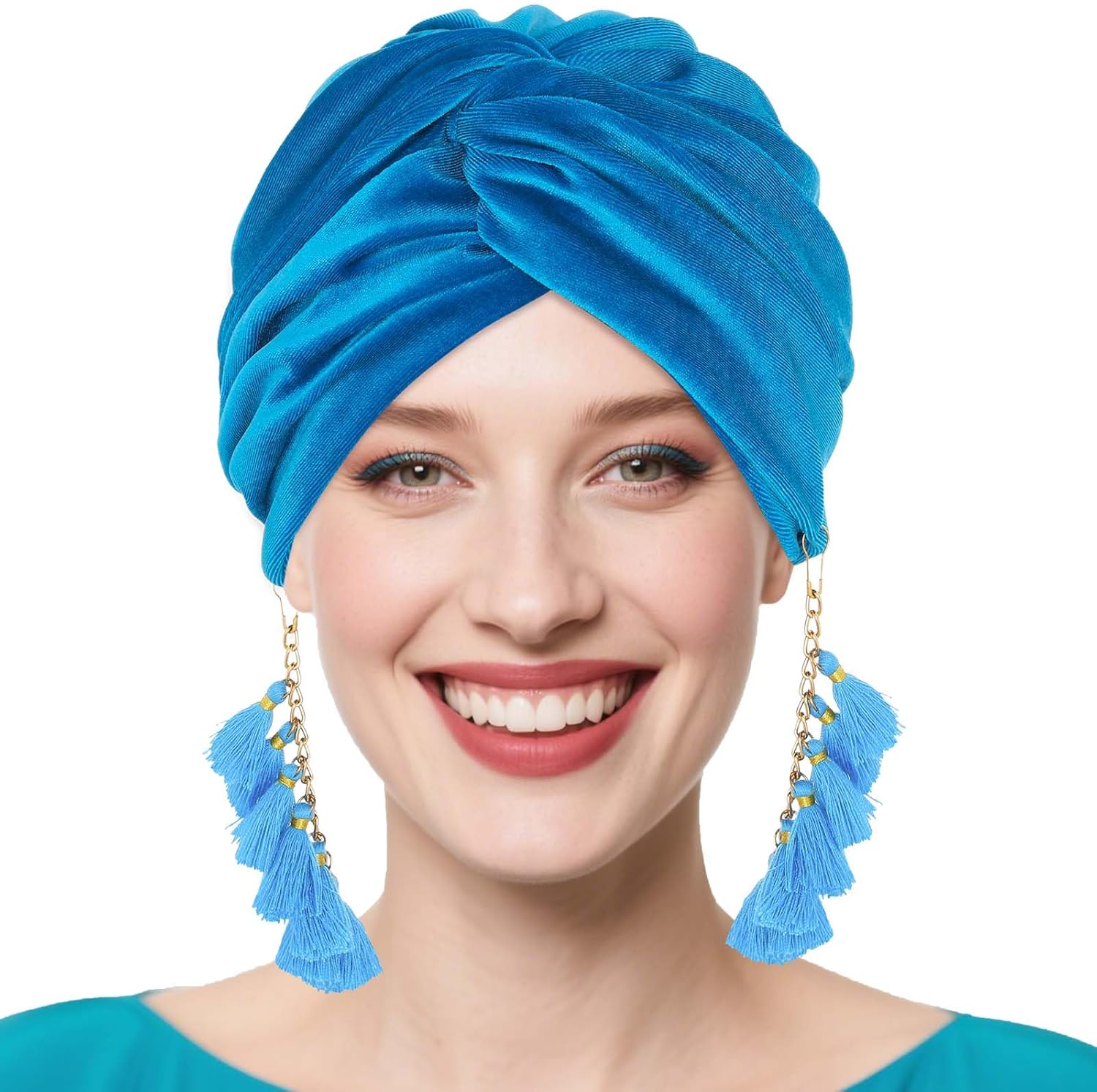 Bohend Knotted Turban Cap Women Tassel Pre-Tied Velvet Beanie Headwrap Stretchy Head Covering Wide