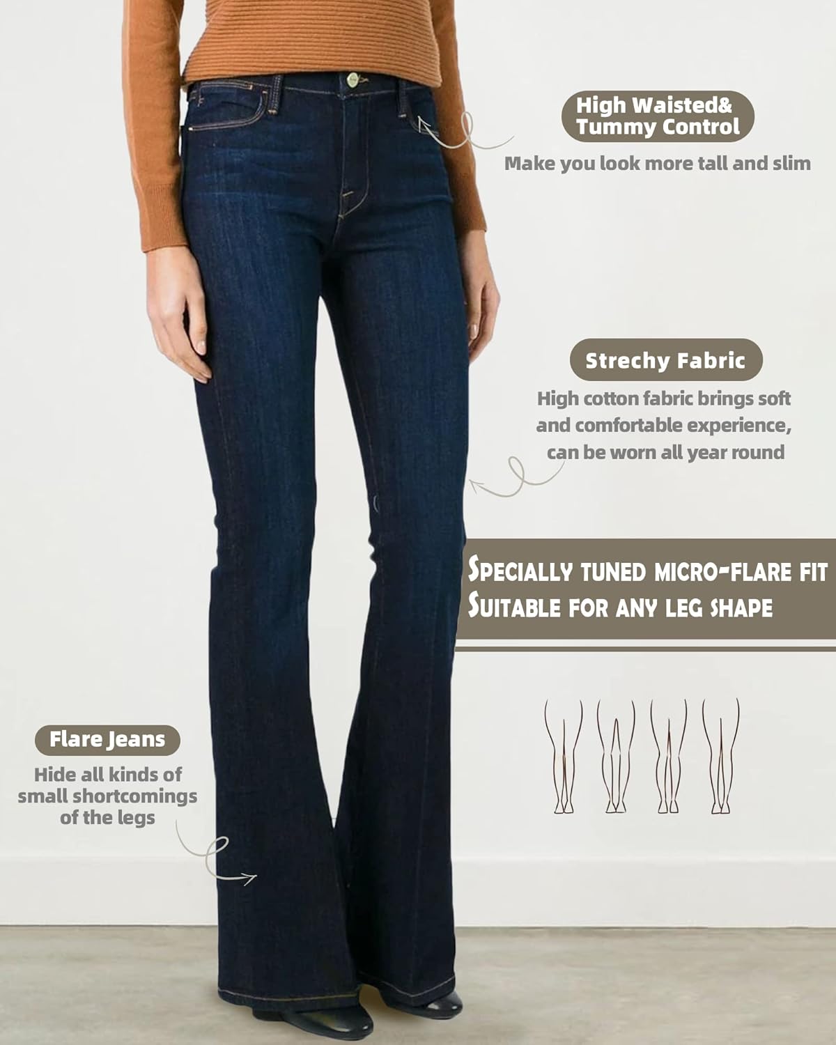 BISUAL Women's Fashion High Rise Jeans Slimming Wide Leg Stretch Denim Flare Bellbottom Jeans - Image 5