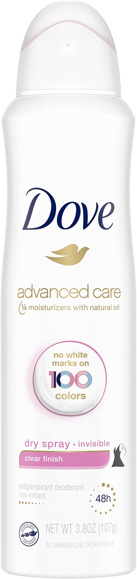 Dove Advanced Care Invisible Dry Spray Antiperspirant Deodorant No White Marks on 100 Colors Clear Finish 48-Hour Sweat and Odor Protecting Deodorant for Women 3.8 oz