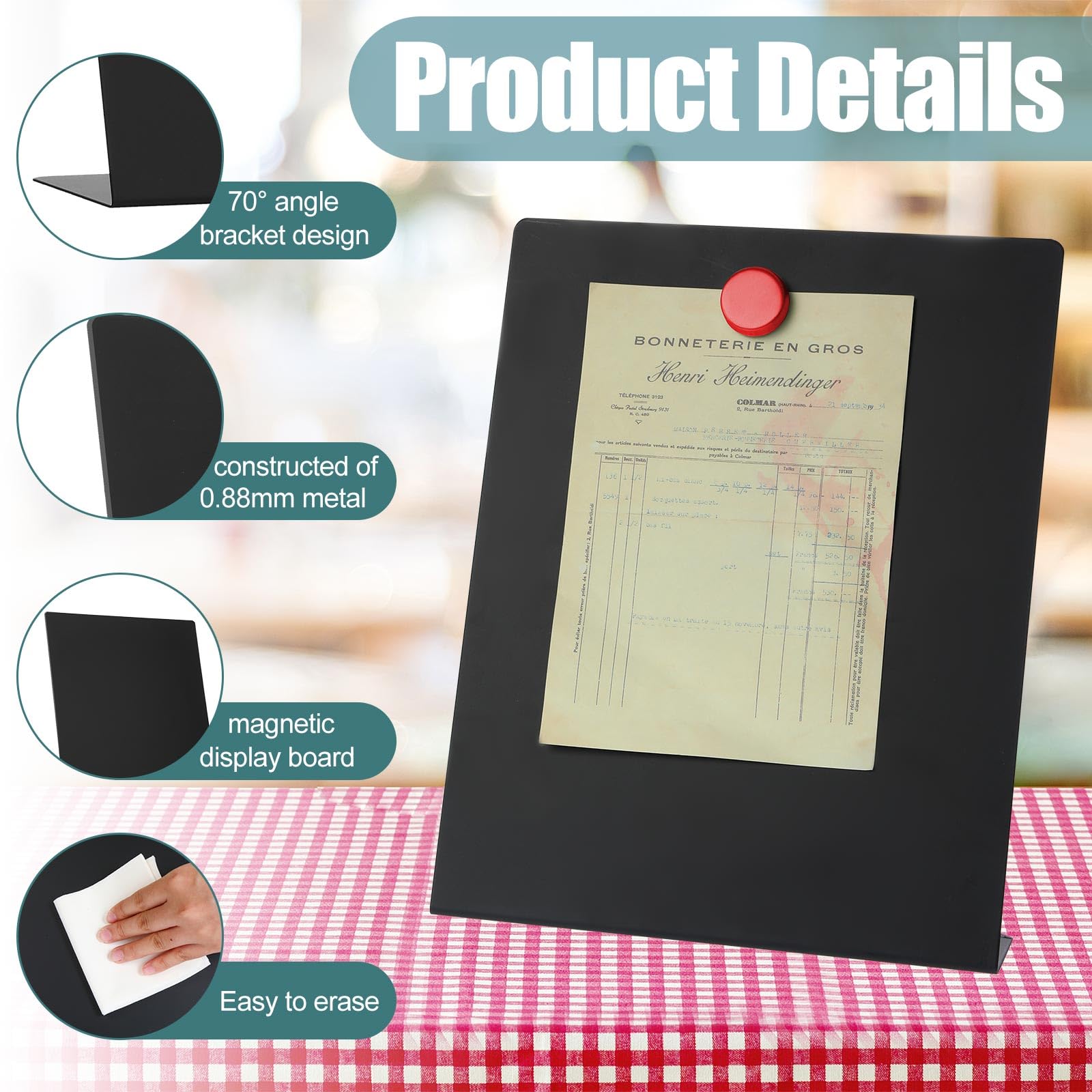 Fainne 8 tableros magnéticos para anuncios con soporte de caballete, mini imán negro, tablero de notas de metal para mesa de menú, hogar, escuela, cocina, suministros de oficina (11 x 8.5 pulgadas)