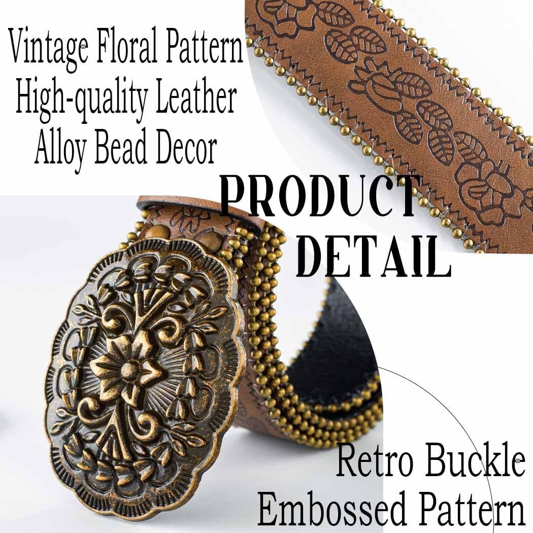 Western Brown Belt for Women Cowboy Cowgirl Waist Belt Embossed Leather Belt Ladies Belts for Jeans Pants Dresses - Image 3