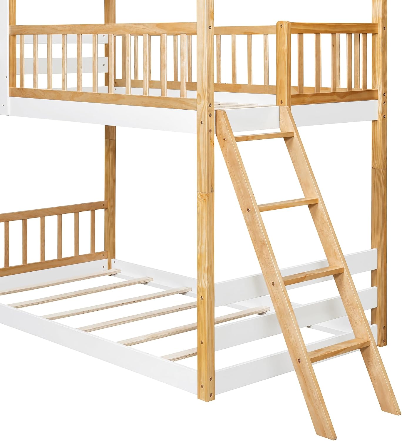 House Bunk Beds, Twin Over Twin Bunk Bed Frame Low Bunk Bed Wood Fun Bed for Kids Toddlers Boys Girls, Natural