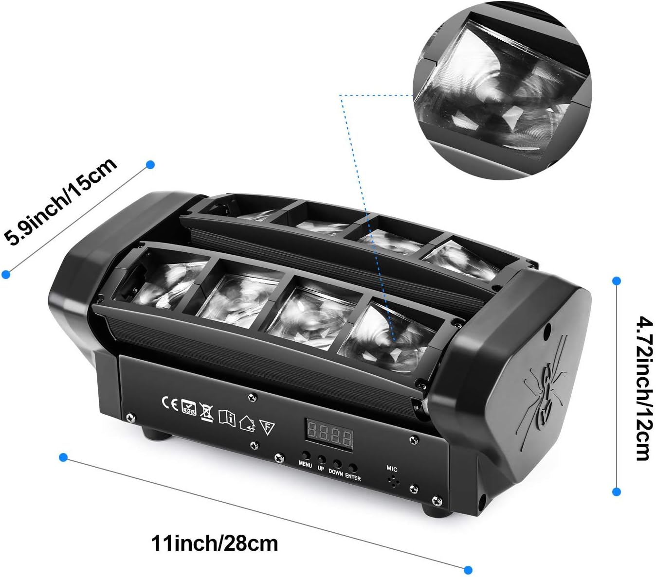 Фронт view of the AGPTEK light showing Menu, Up, Down, and Enter buttons, along with a digital display and microphone
