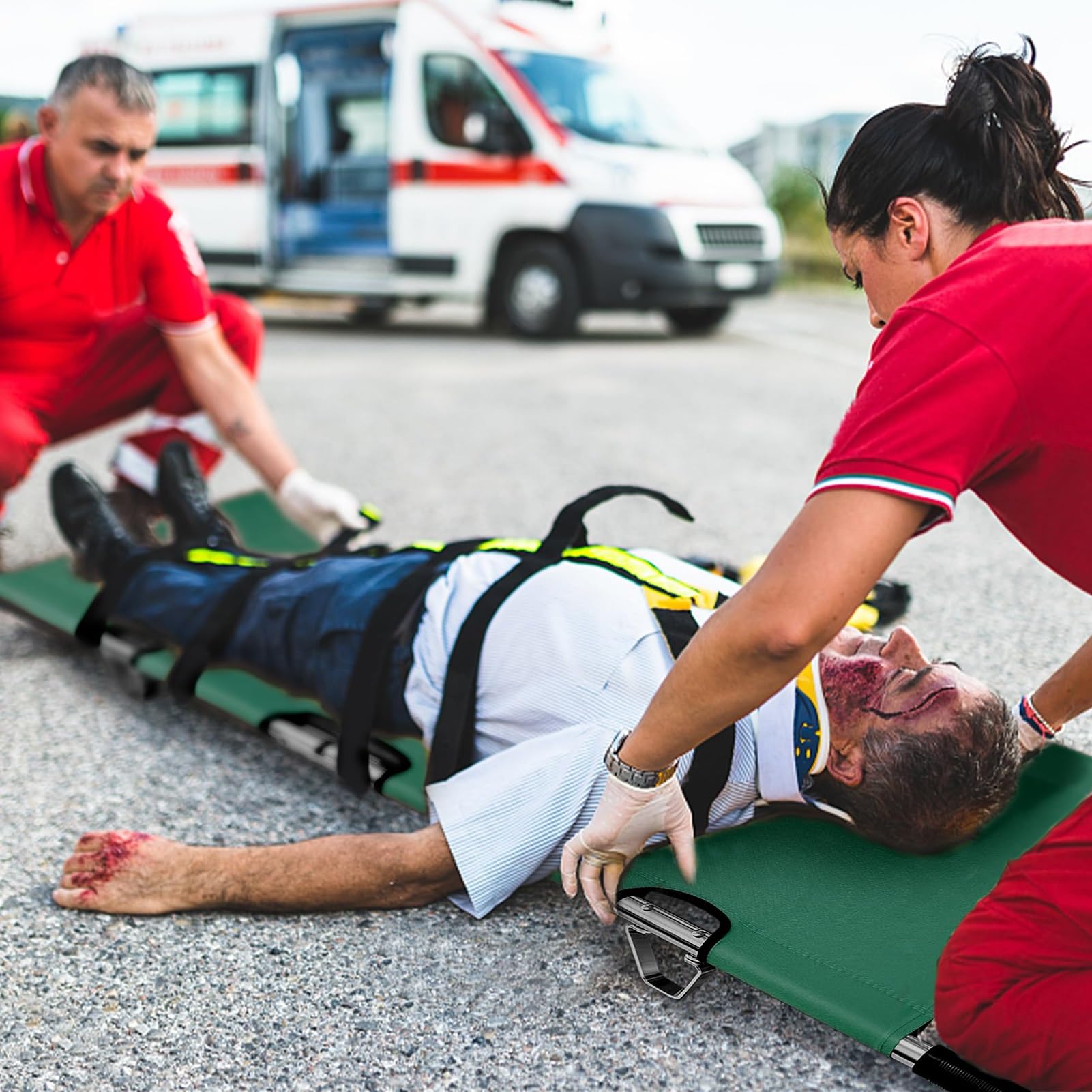 Camilla plegable de emergencia médica con asas resistentes, correas y estuche de transporte, fabricada en aleación de aluminio de, portátil para tran