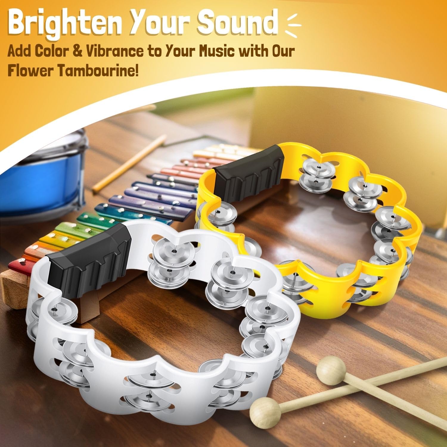 Flexzion Flower Tambourine, 8 Inch Handheld Percussion Instrument w/Metal Jingles & Ergonomic Grip - Image 2
