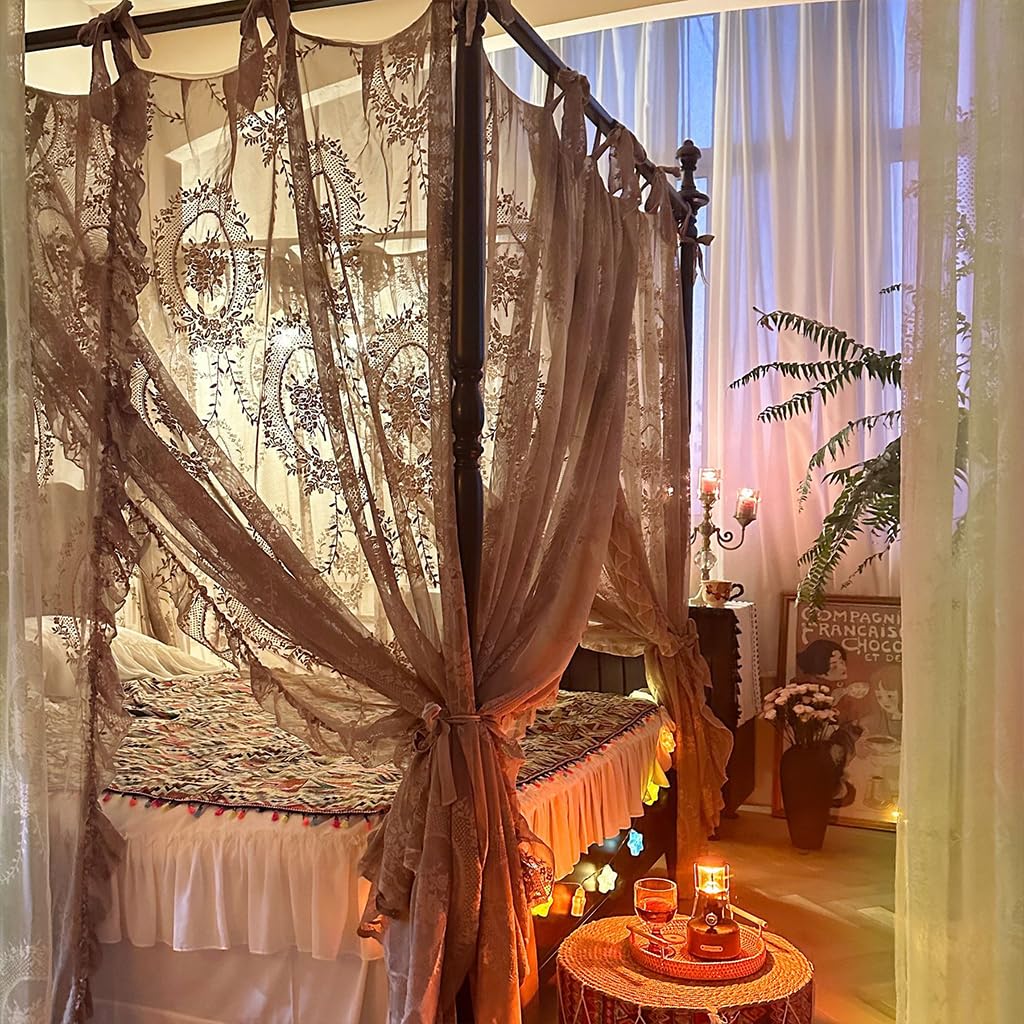 Elegante Spitze Prinzessin 4 Eckpfosten Moskitonetz Romantisch für Mädchen Frauen Bettvorhang Baldachin für Erwachsene Hochzeit Schlafzimmer Kinderzimmer Dekoration (Kaffee-2, Queen)