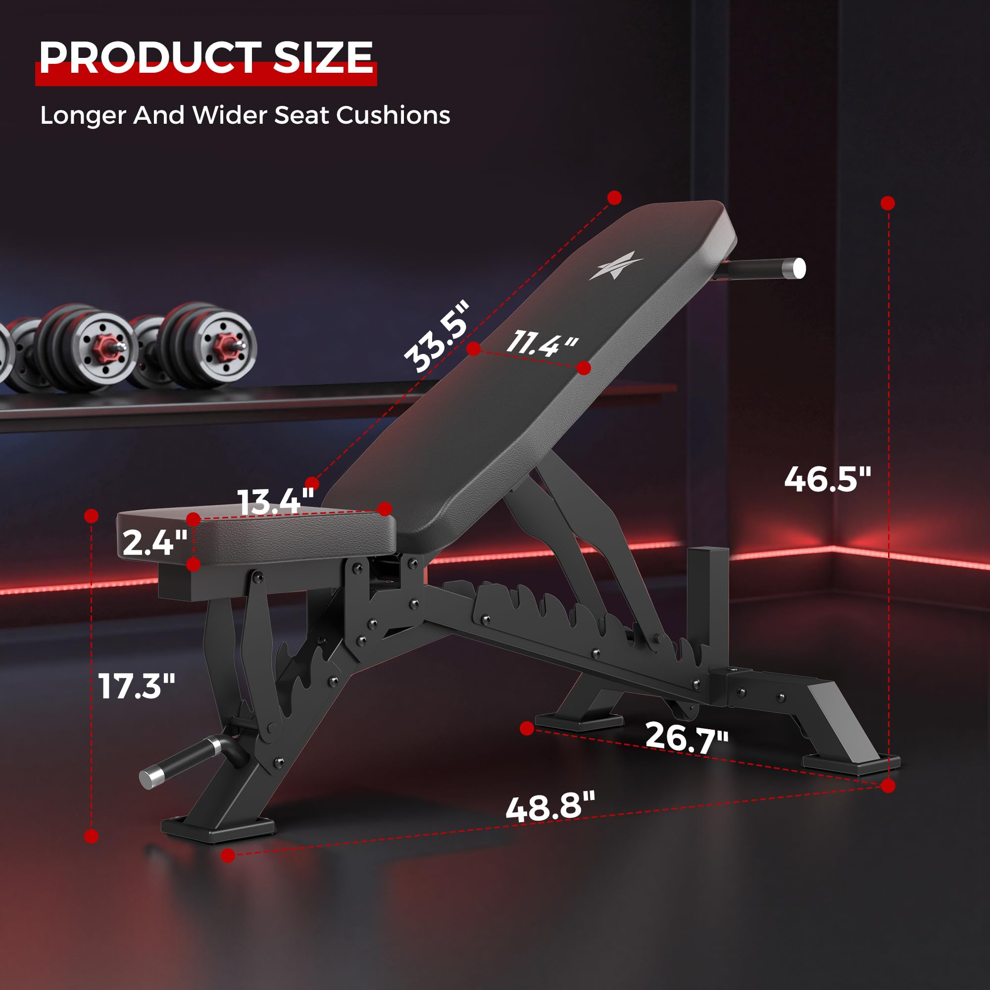 Weight Bench, Adjustable Workout Bench for Home Gym Full Body Workout, 1300LBS Weight Capacity Bench Press, Flat/Incline Bench with 33" Extra-Long Backrest & Wheels