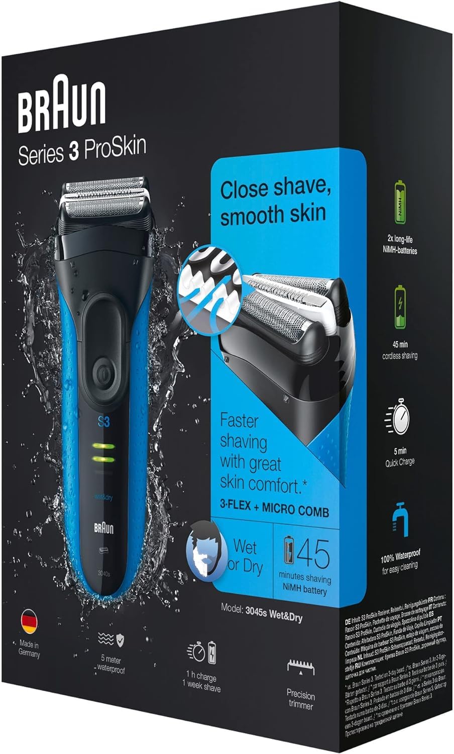 Braun Series 3 ProSkin Elektrorasierer, Trimmer, Rasierer Herren Elektrisch, mit Reise-Etui, Geschenk Mann, Wet&Dry, Made in Germany, 3045s, schwarz/blau