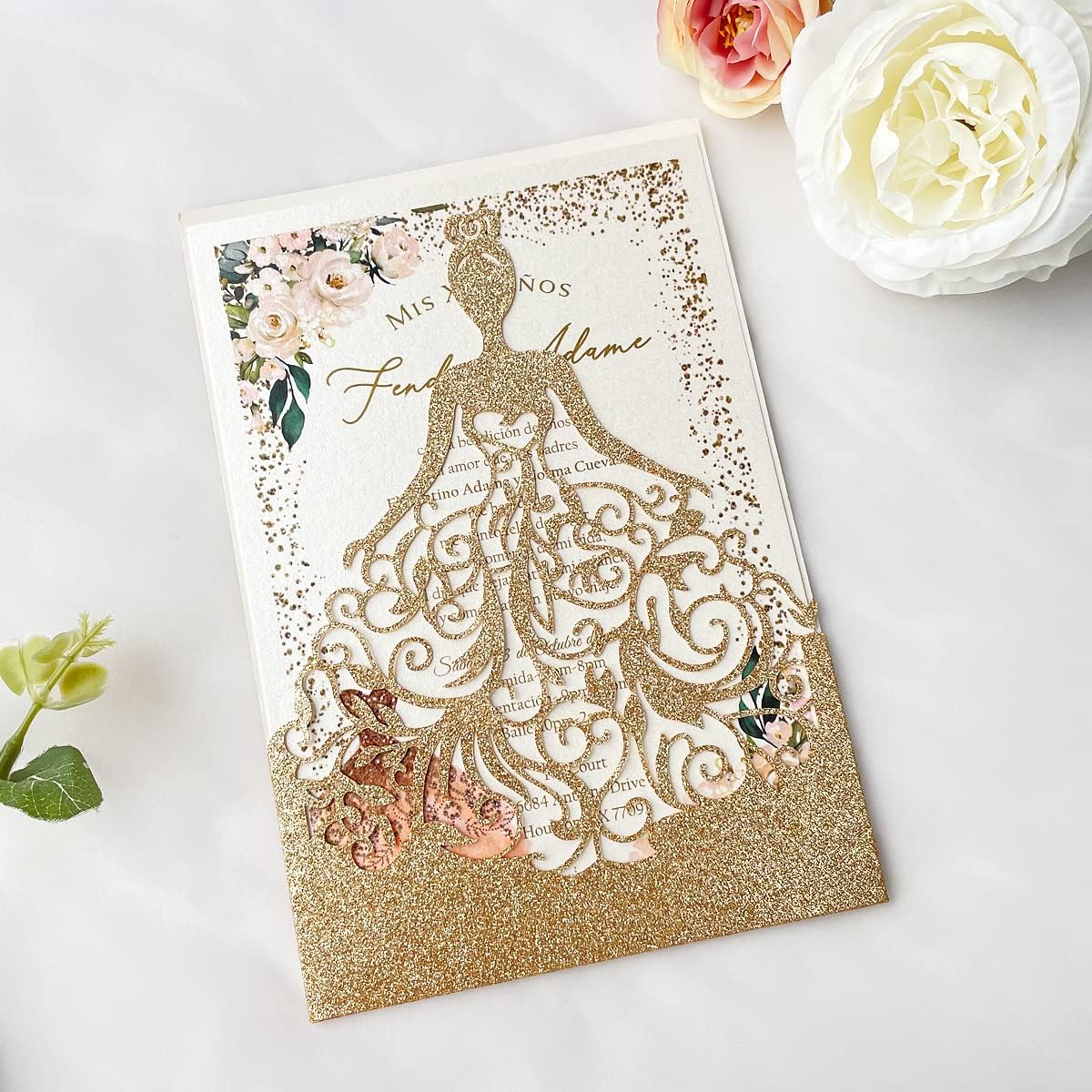 5.12 x7.28 inch 50PCS Gold Glitter Quinceanera Invitations Kit Laser Cut Hollow Girl Princess Pocket with Envelopes Invitations for Quinceanera Bridal Shower Invite
