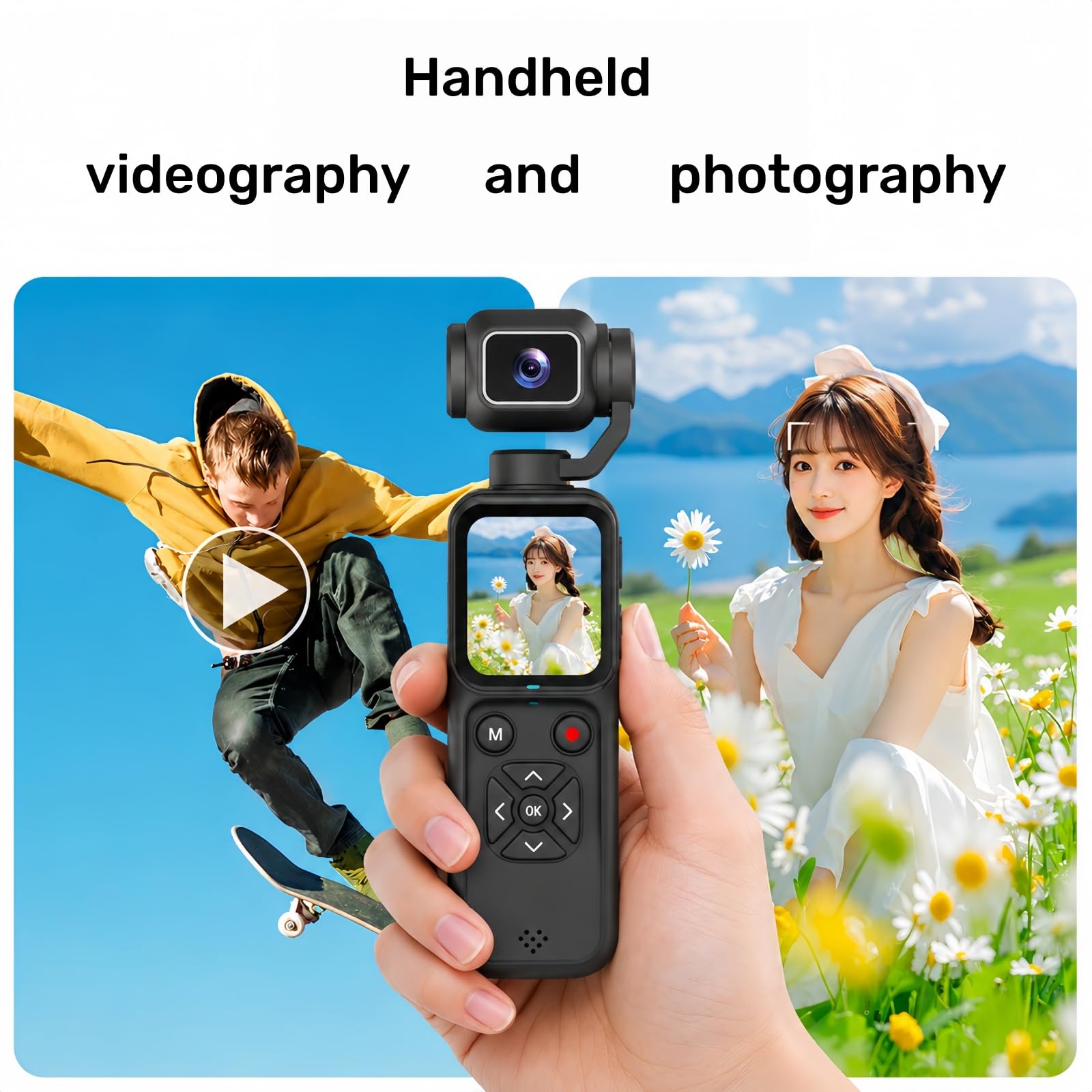 Videocamera Vlogging con Video, Pocket Action Camera, Videocamera Digitale per Fotografia, Fotocamera Digitale 180° Doppia Lente Rotante (16GB)