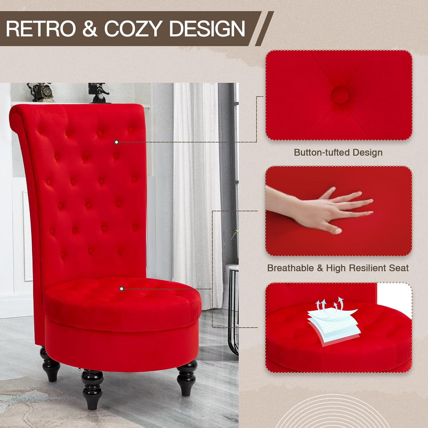 AVAWING Throne Royal Chair Set of 2, Button Tufted High Back Royal Chair with 24.6 Inches Round Seat, Armless Aceent Chair with Thick Padding and Rubberwood Legs for Living Room, Red