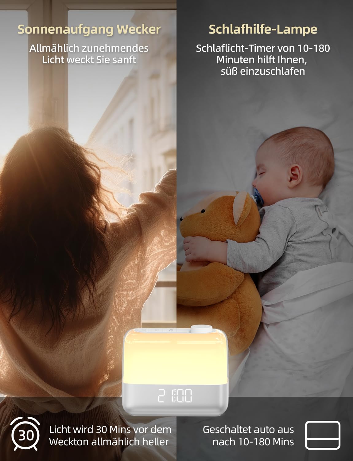 Sonnenaufgangswecker für Schlafzimmer: Wecklicht, RGB Nachtlicht, 9-Min Schlummer, 6 natürliche Klänge, 7 Lautstärken, wiederaufladbare Batterie, 2 laute Alarme für Schwerschläfer (Silber)
